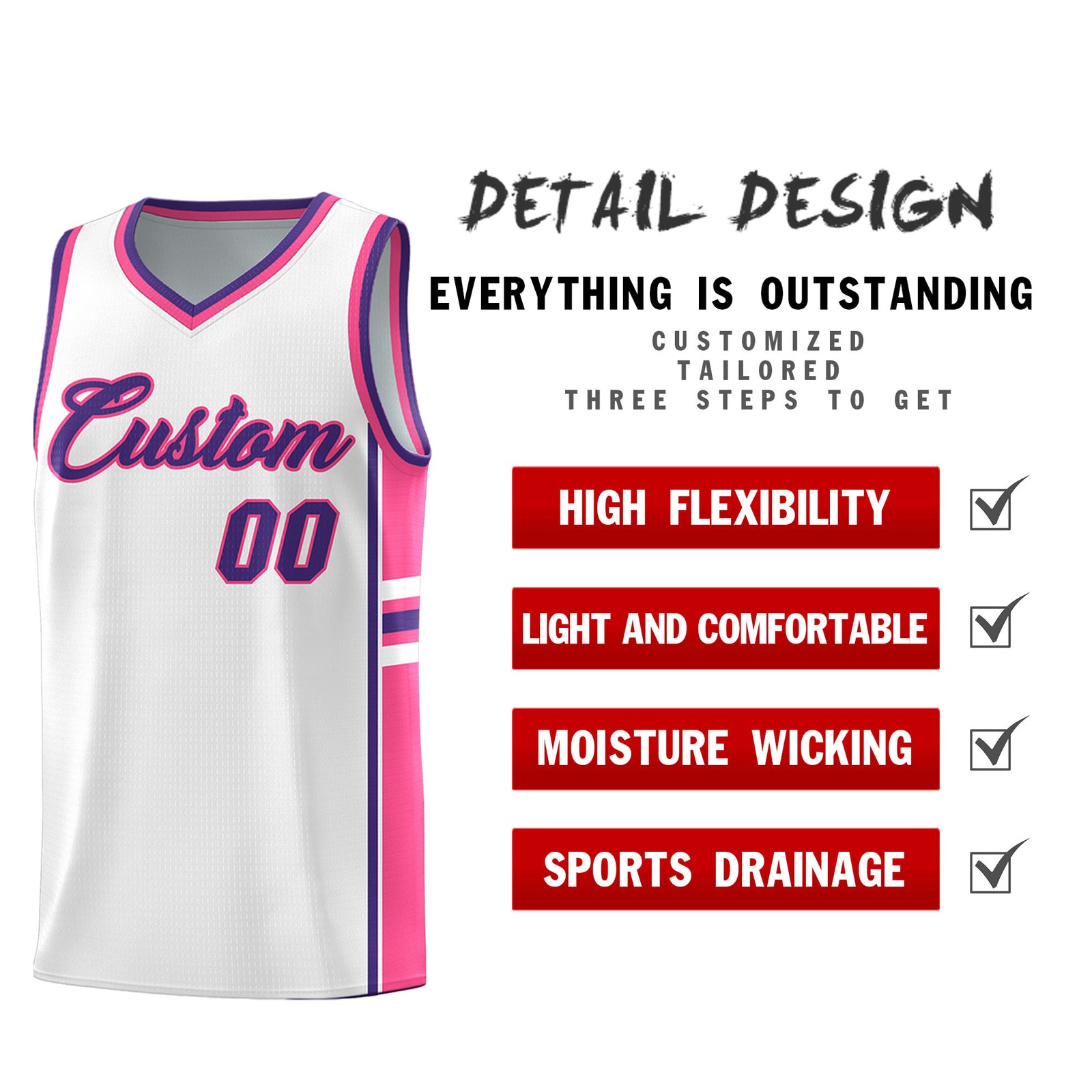 Custom Youth Basketball Jersey - White Pink Personalized Varsity Two-Tone Uniform
