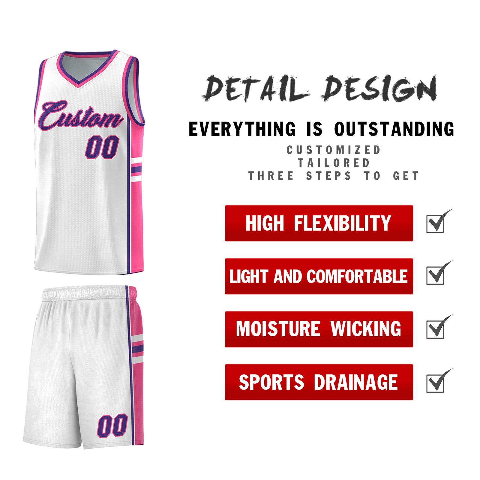 Custom Youth Basketball Jersey - White Pink Personalized Varsity Two-Tone Uniform