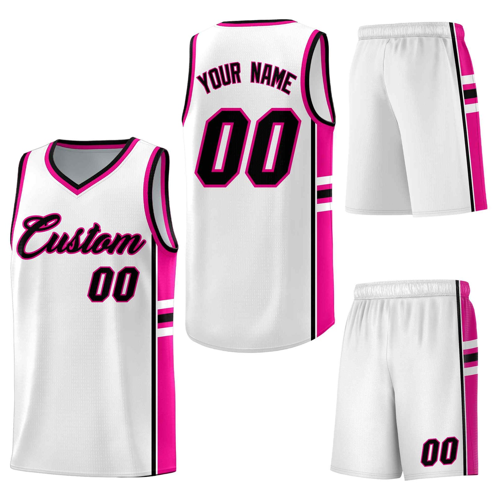 Custom White Pink Classic Color Block Drapable Personalized Uniform Basketball Jersey