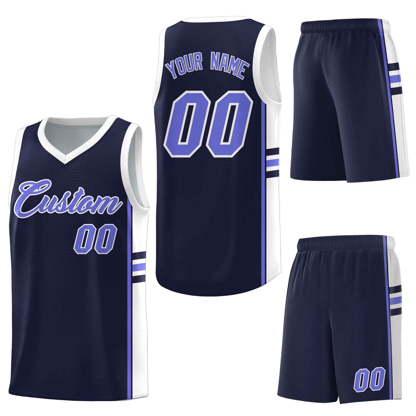 Custom Navy White Classic Color Block Drapable Personalized Uniform Basketball Jersey