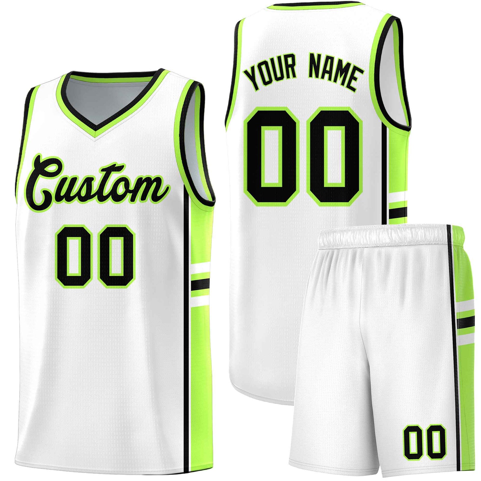 Custom Youth Basketball Jersey - White Fluorescent Green Two-Tone Varsity Jersey Set