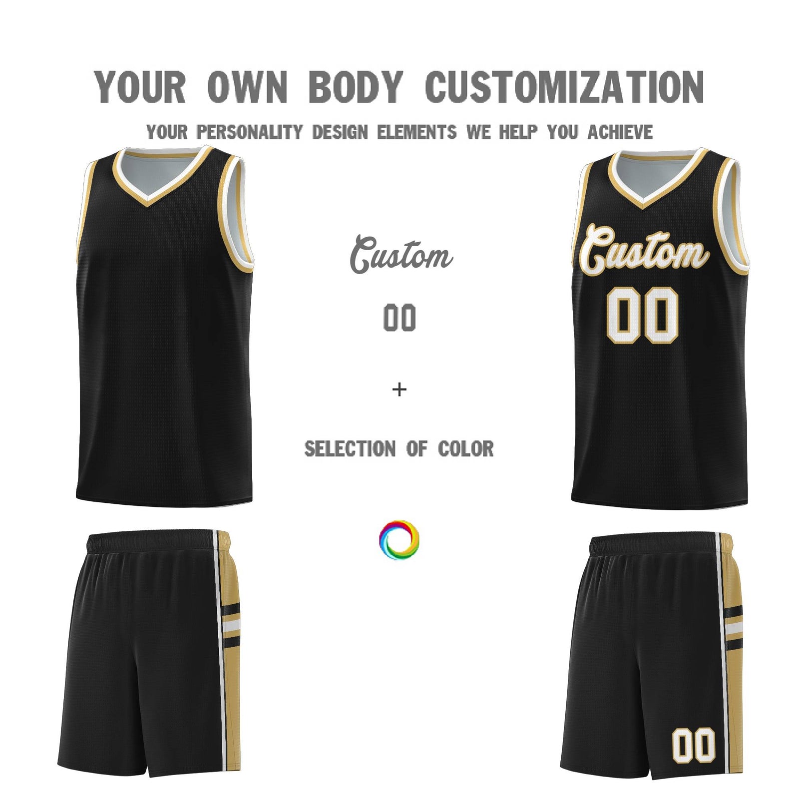 Custom Youth Basketball Jersey - Black Old Gold Two-Tone Classic Varsity Uniform