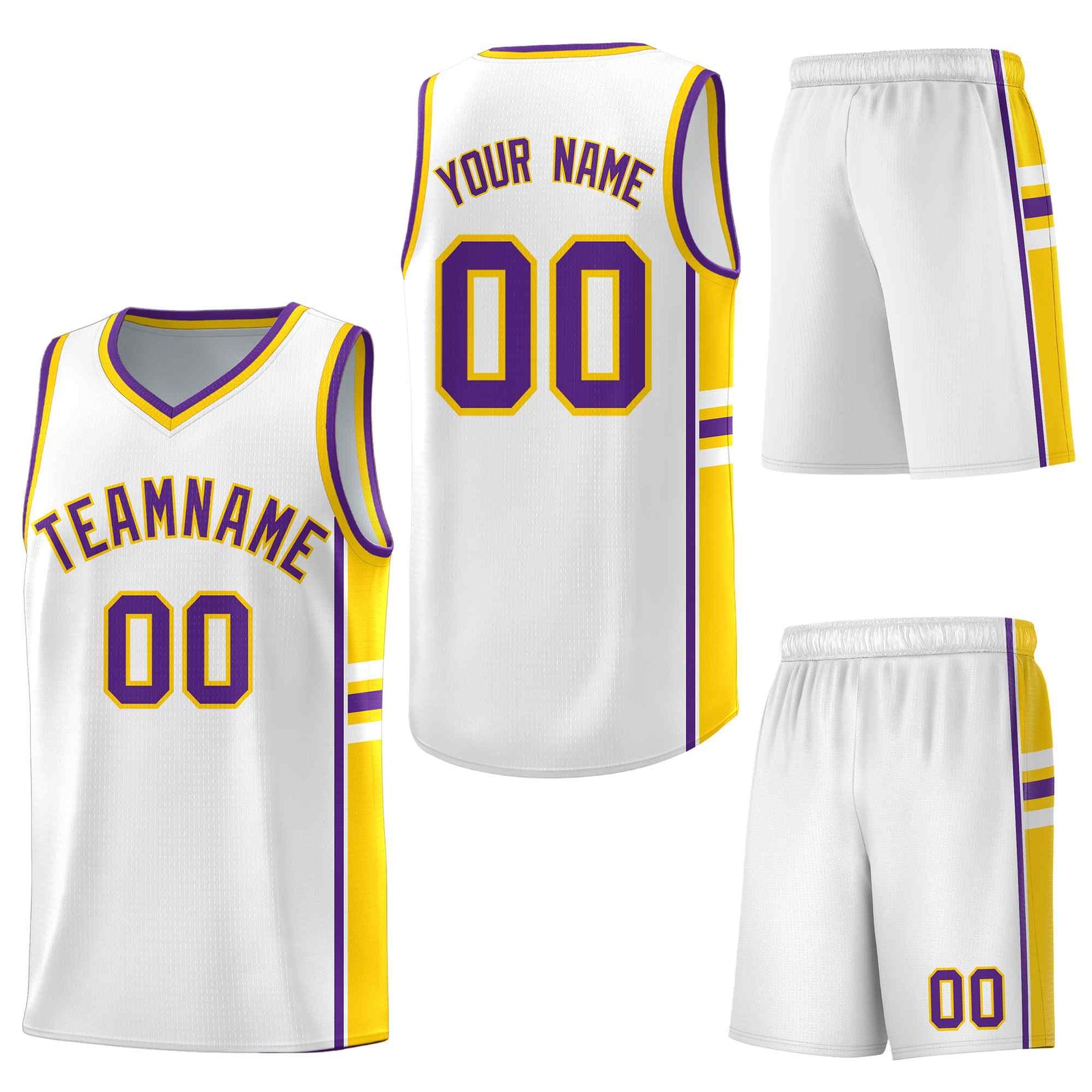 Custom White Gold Classic Color Block Drapable Varsity Uniform Basketball Jersey