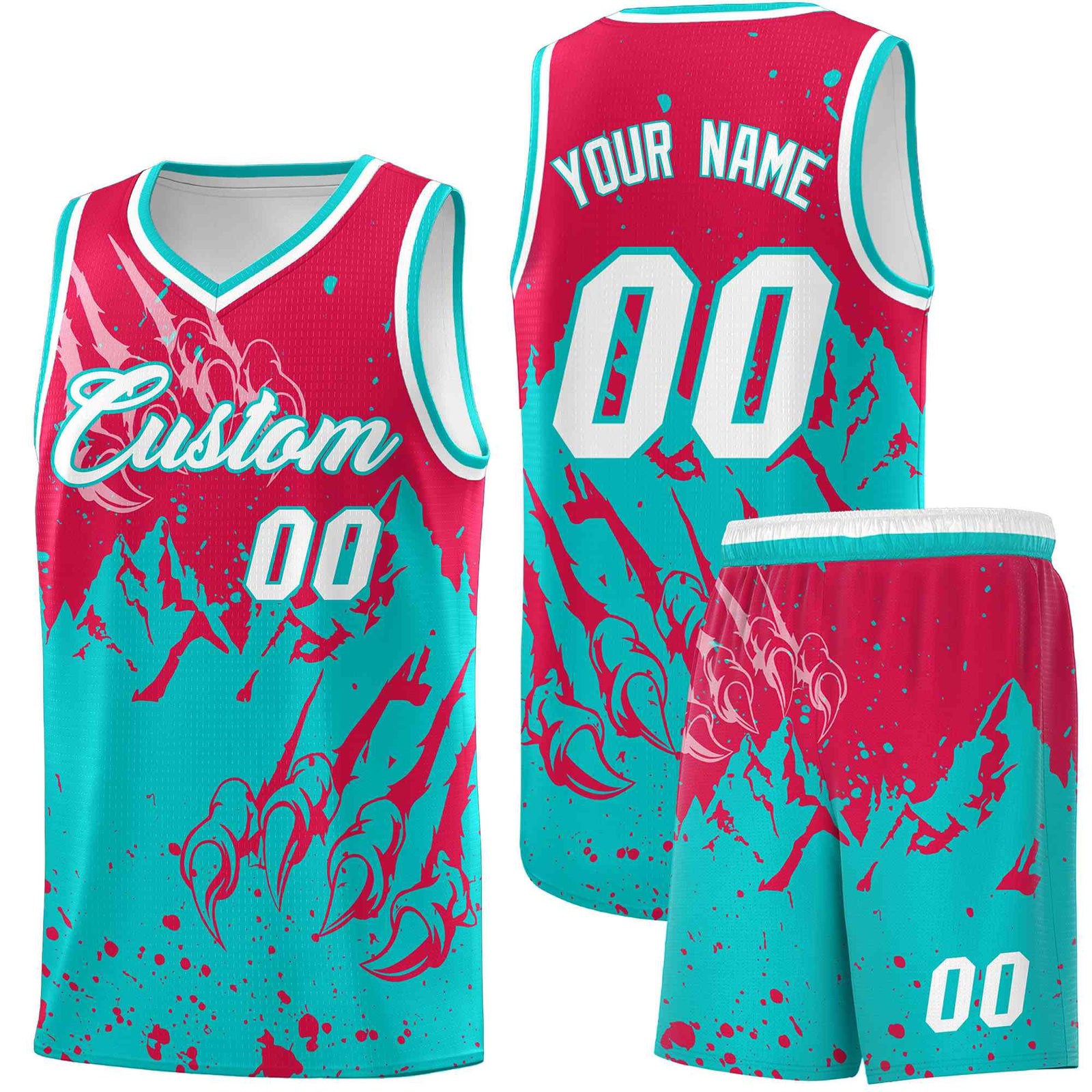 Custom Red Aqua Snow Mountain Beast Pattern Sports Uniform Basketball Jersey