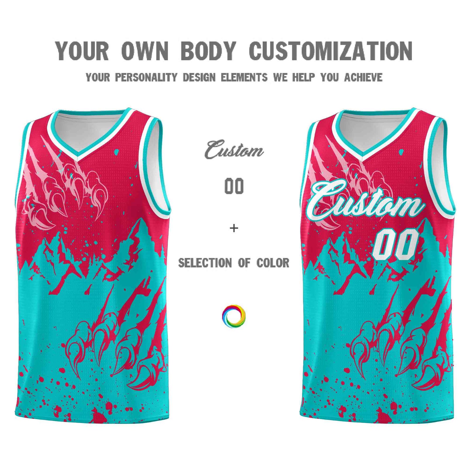 Custom Red Aqua Snow Mountain Beast Pattern Sports Uniform Basketball Jersey