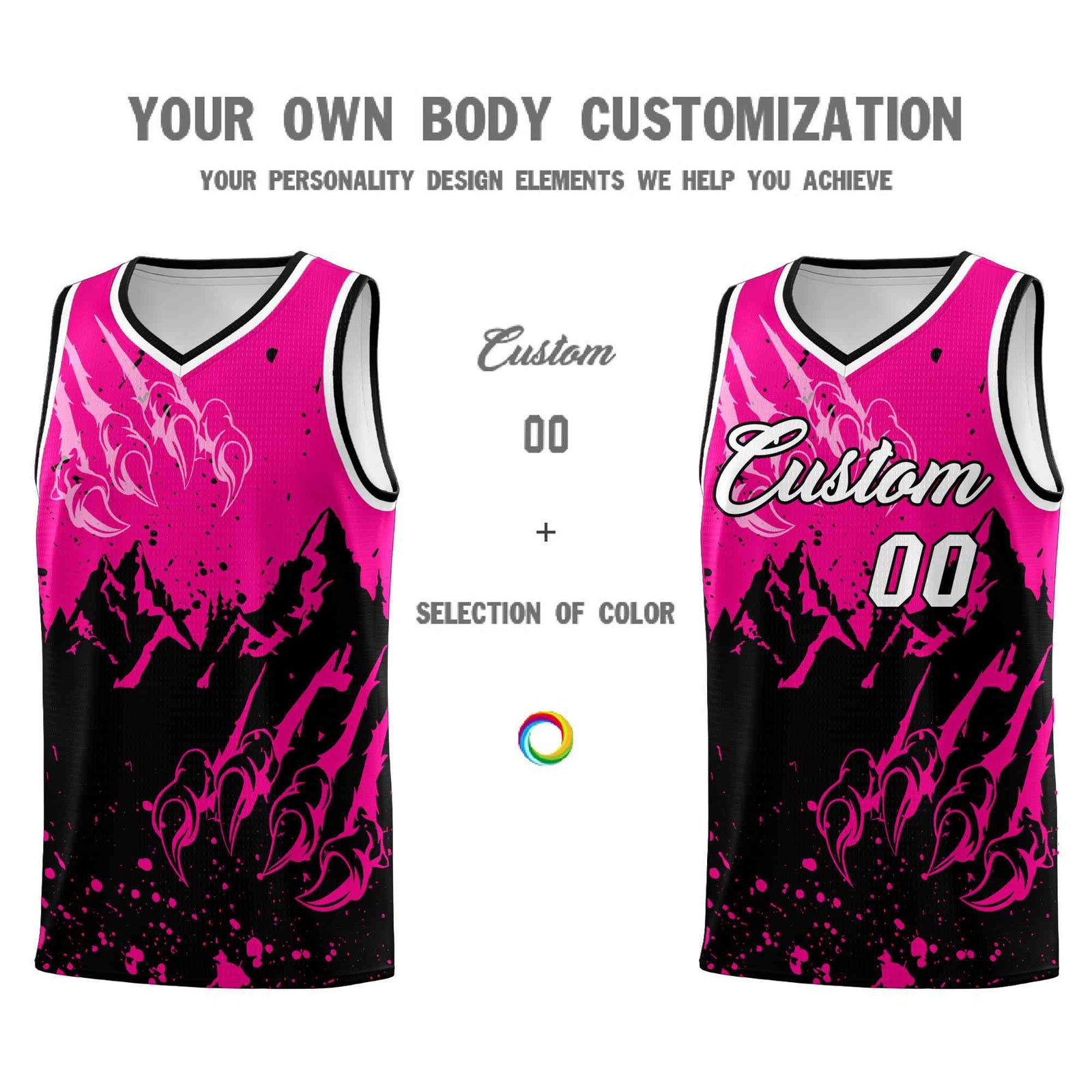 Custom Pink Black Snow Mountain Beast Pattern Sports Uniform Basketball Jersey