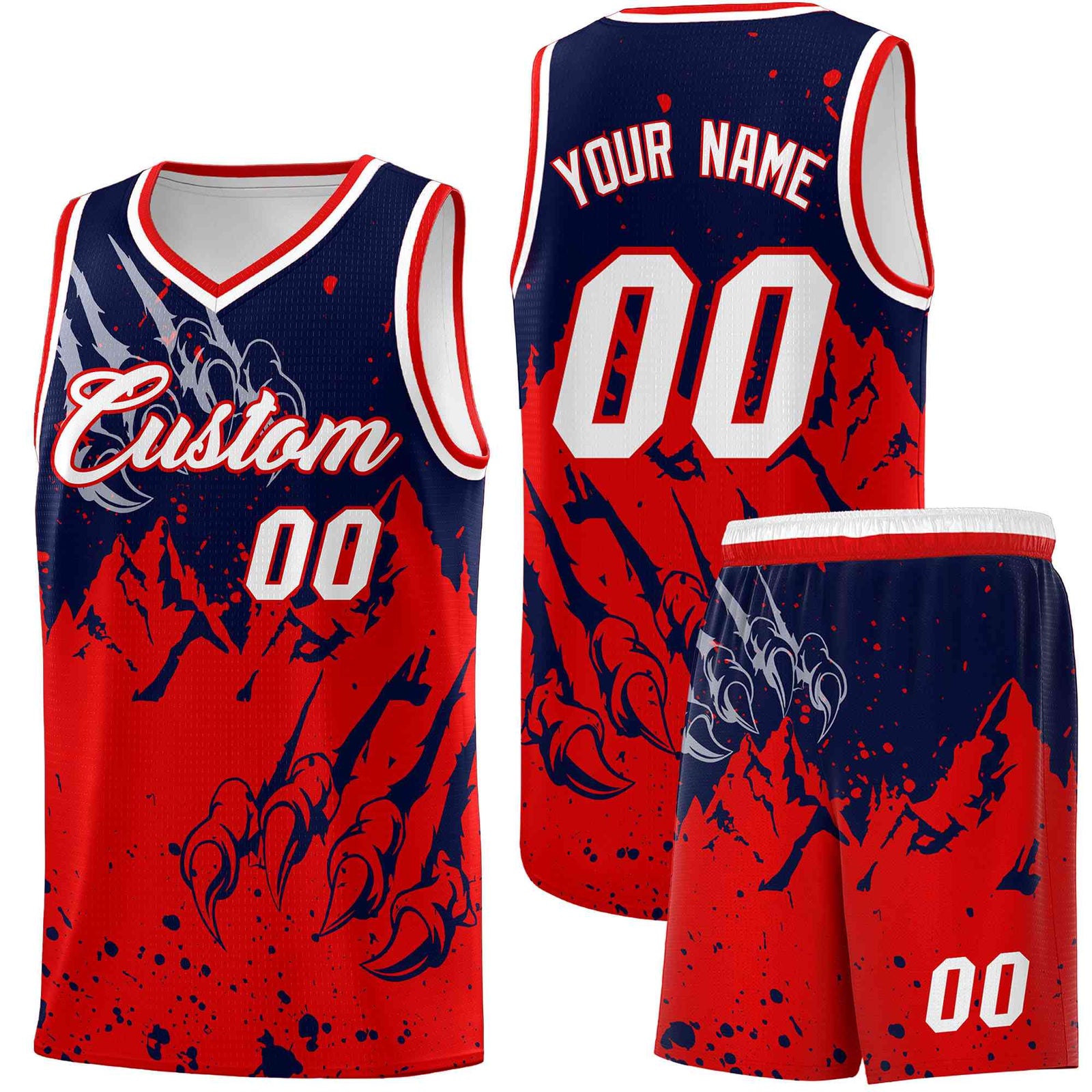Custom Navy Red Snow Mountain Beast Pattern Sports Uniform Basketball Jersey