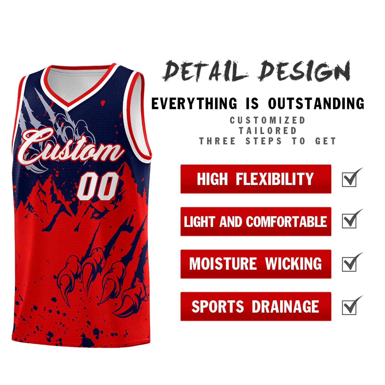 Custom Navy Red Snow Mountain Beast Pattern Sports Uniform Basketball Jersey