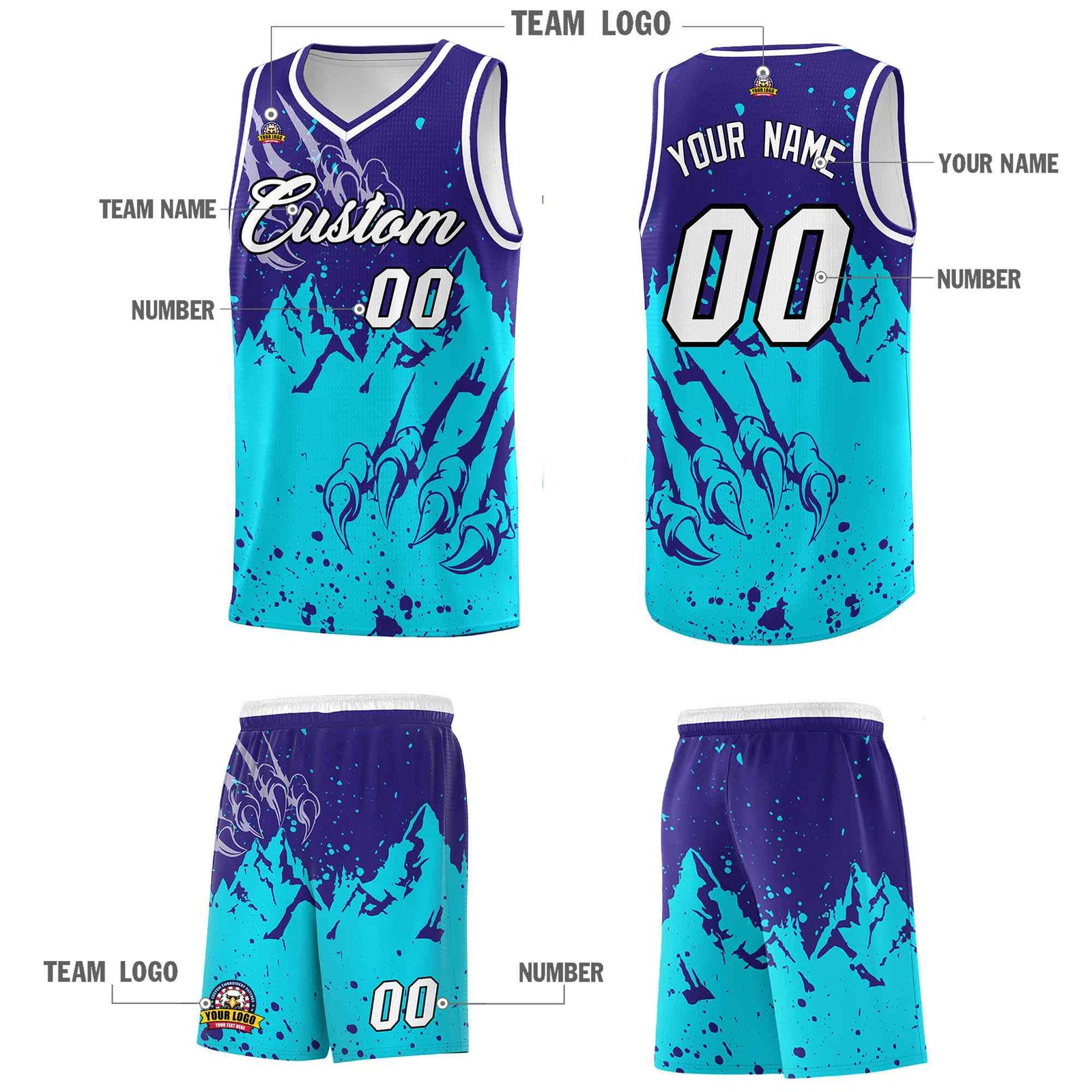 Custom Royal Sky Blue Snow Mountain Beast Pattern Sports Uniform Basketball Jersey