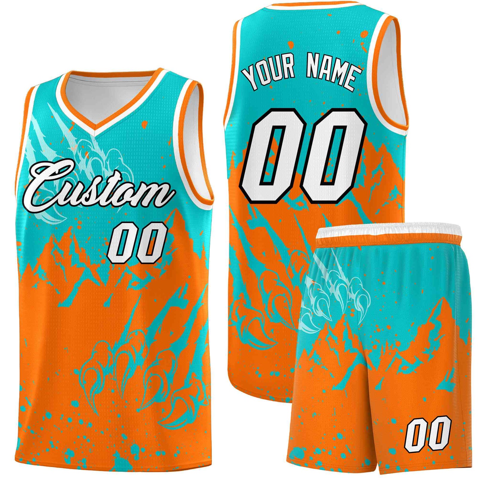 Custom Aqua Orange Snow Mountain Beast Pattern Sports Uniform Basketball Jersey