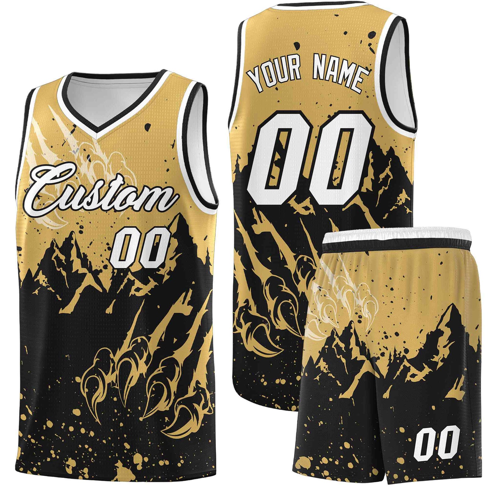 Custom Old Gold Black Snow Mountain Beast Pattern Sports Uniform Basketball Jersey