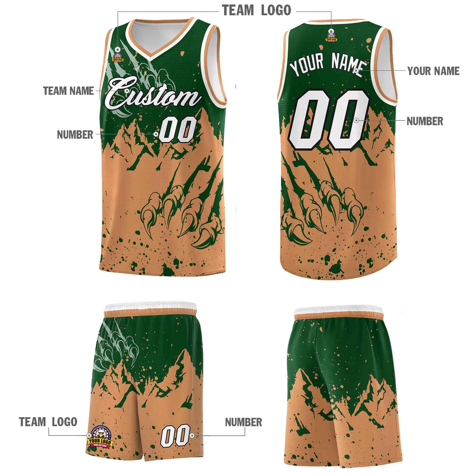 Custom Green Buckskin Brown Snow Mountain Beast Pattern Sports Uniform Basketball Jersey