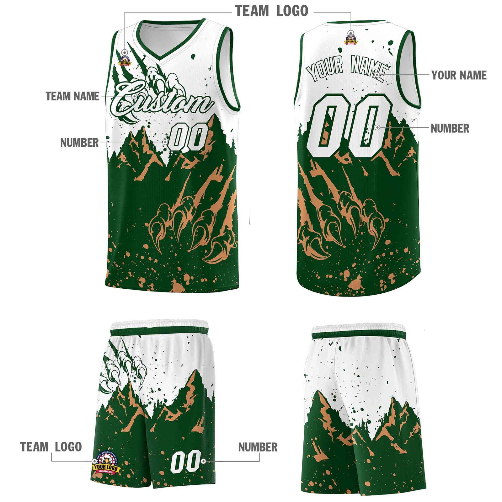 Custom White Green Snow Mountain Beast Pattern Sports Uniform Basketball Jersey