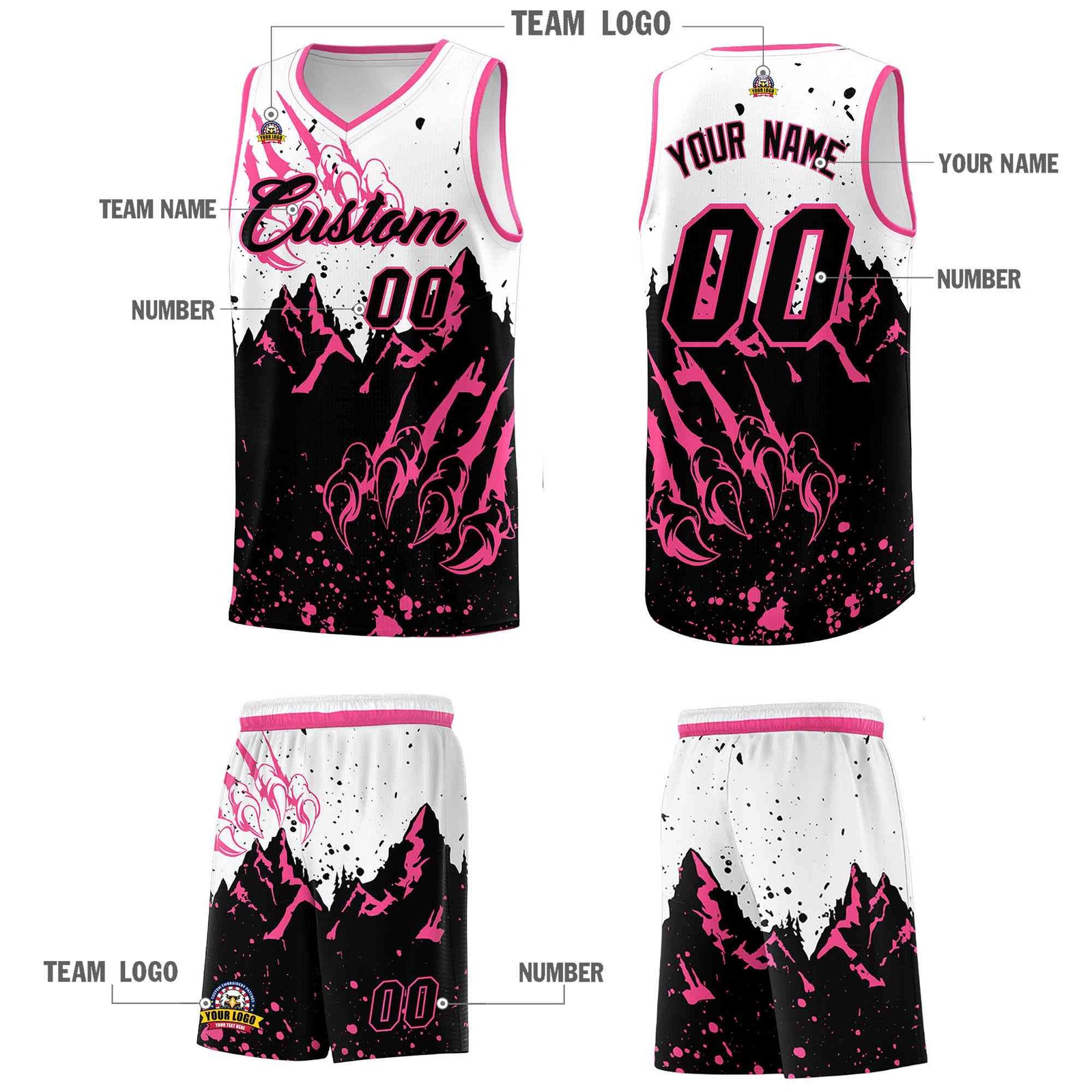 Custom White Pink Snow Mountain Beast Pattern Sports Uniform Basketball Jersey