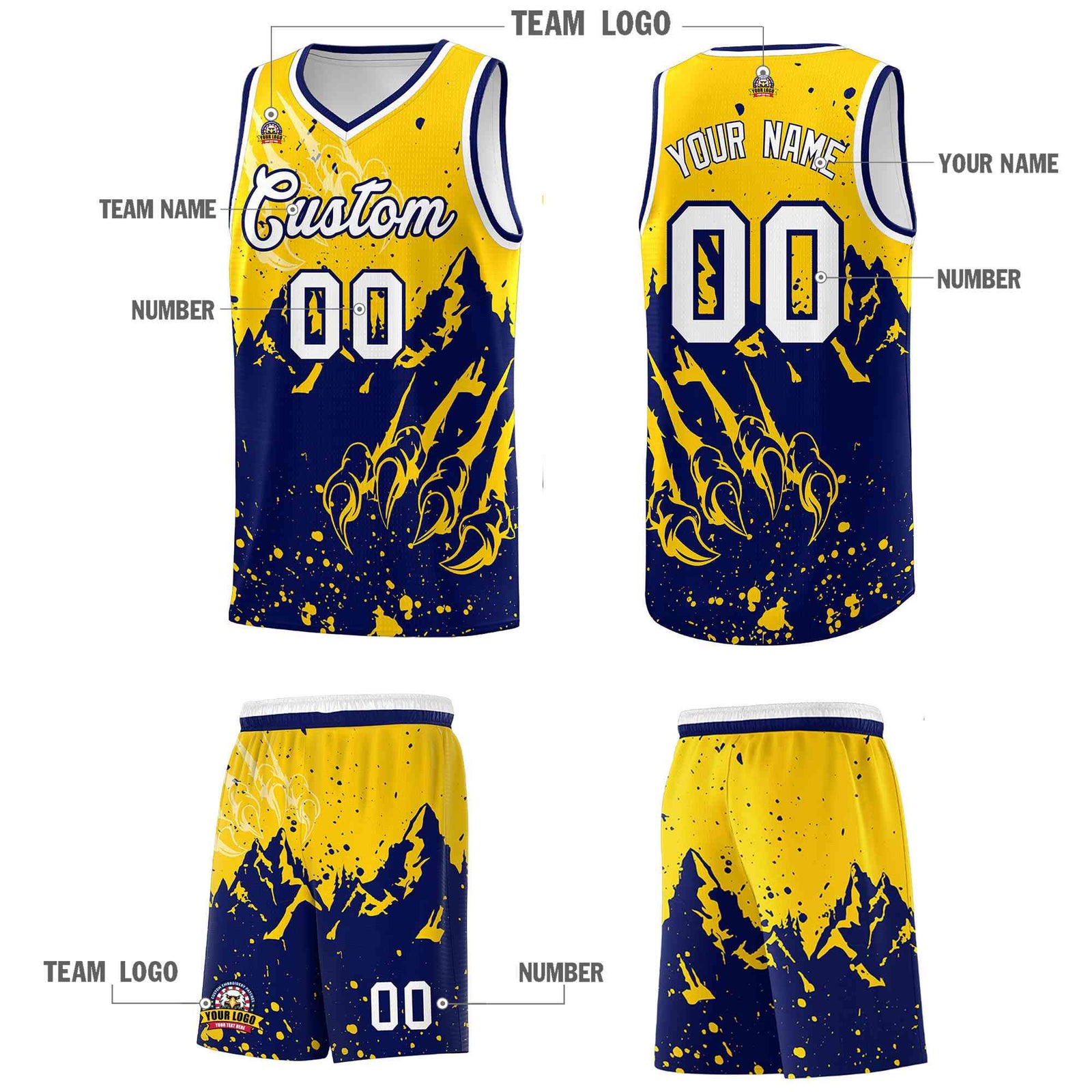 Custom Gold Navy Snow Mountain Beast Pattern Sports Uniform Basketball Jersey| KXKSHOP