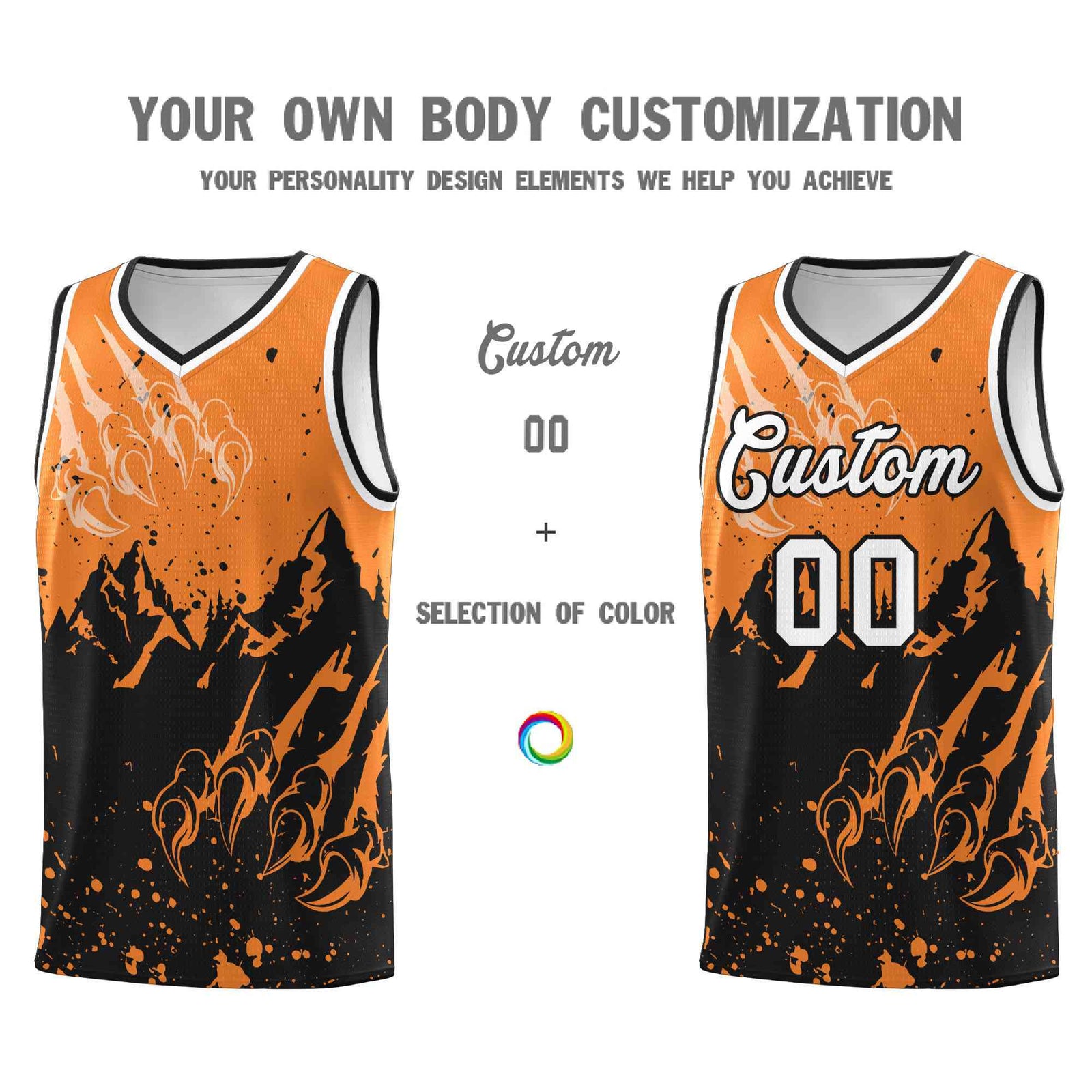 Custom Gold Orange Black Snow Mountain Beast Pattern Sports Uniform Basketball Jersey| KXKSHOP