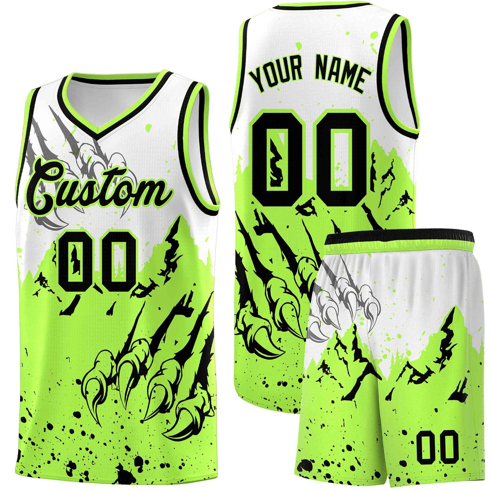 Custom White Fluorescent Green Snow Mountain Beast Pattern Sports Uniform Basketball Jersey| KXKSHOP
