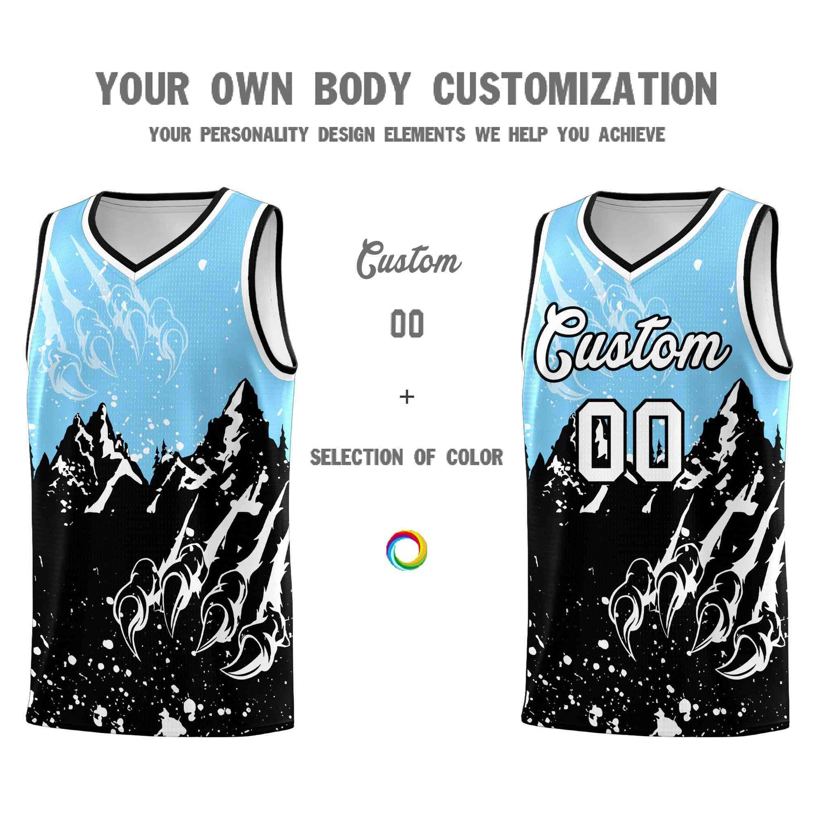 Custom Light Blue Black Snow Mountain Beast Pattern Sports Uniform Basketball Jersey| KXKSHOP