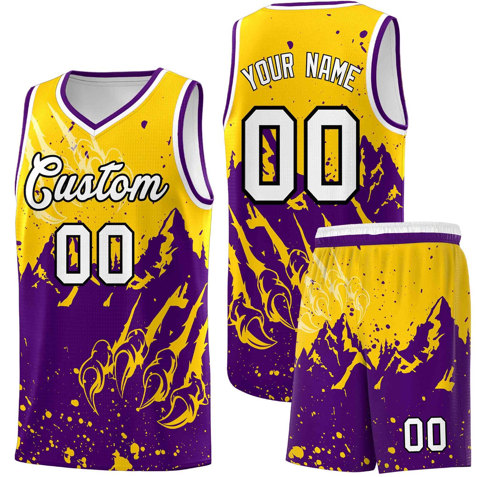 Custom Gold Purple Snow Mountain Beast Pattern Sports Uniform Basketball Jersey| KXKSHOP