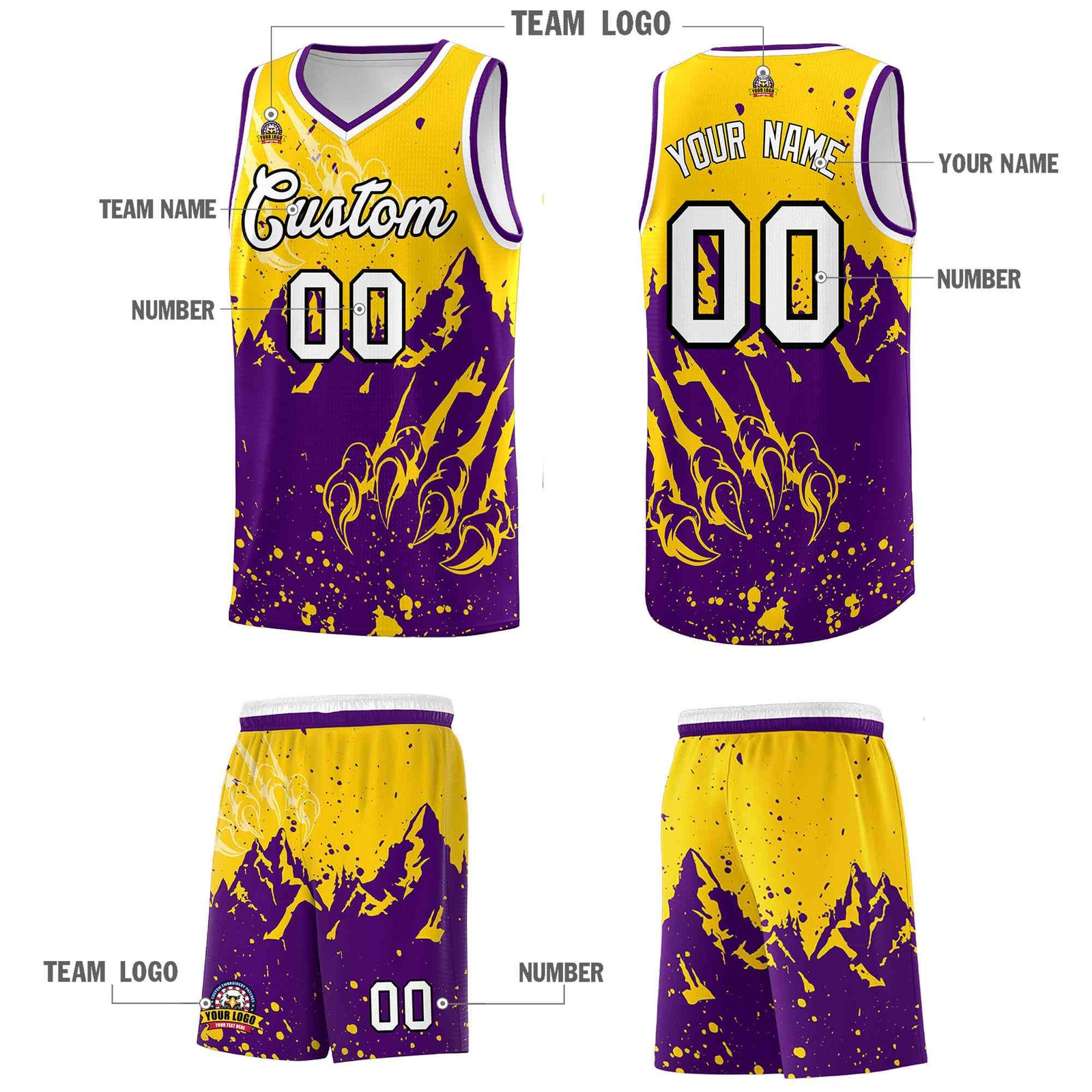 Custom Gold Purple Snow Mountain Beast Pattern Sports Uniform Basketball Jersey