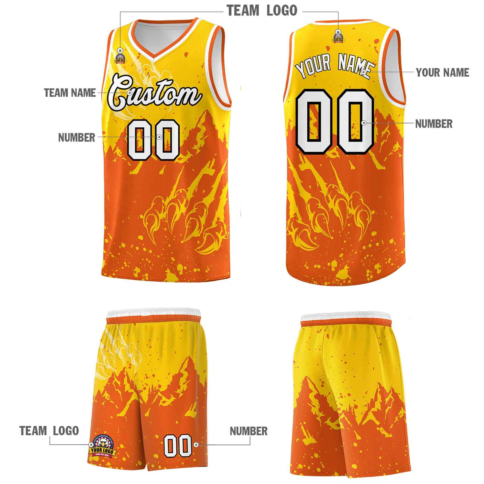 Custom Gold Orange Snow Mountain Beast Pattern Sports Uniform Basketball Jersey| KXKSHOP