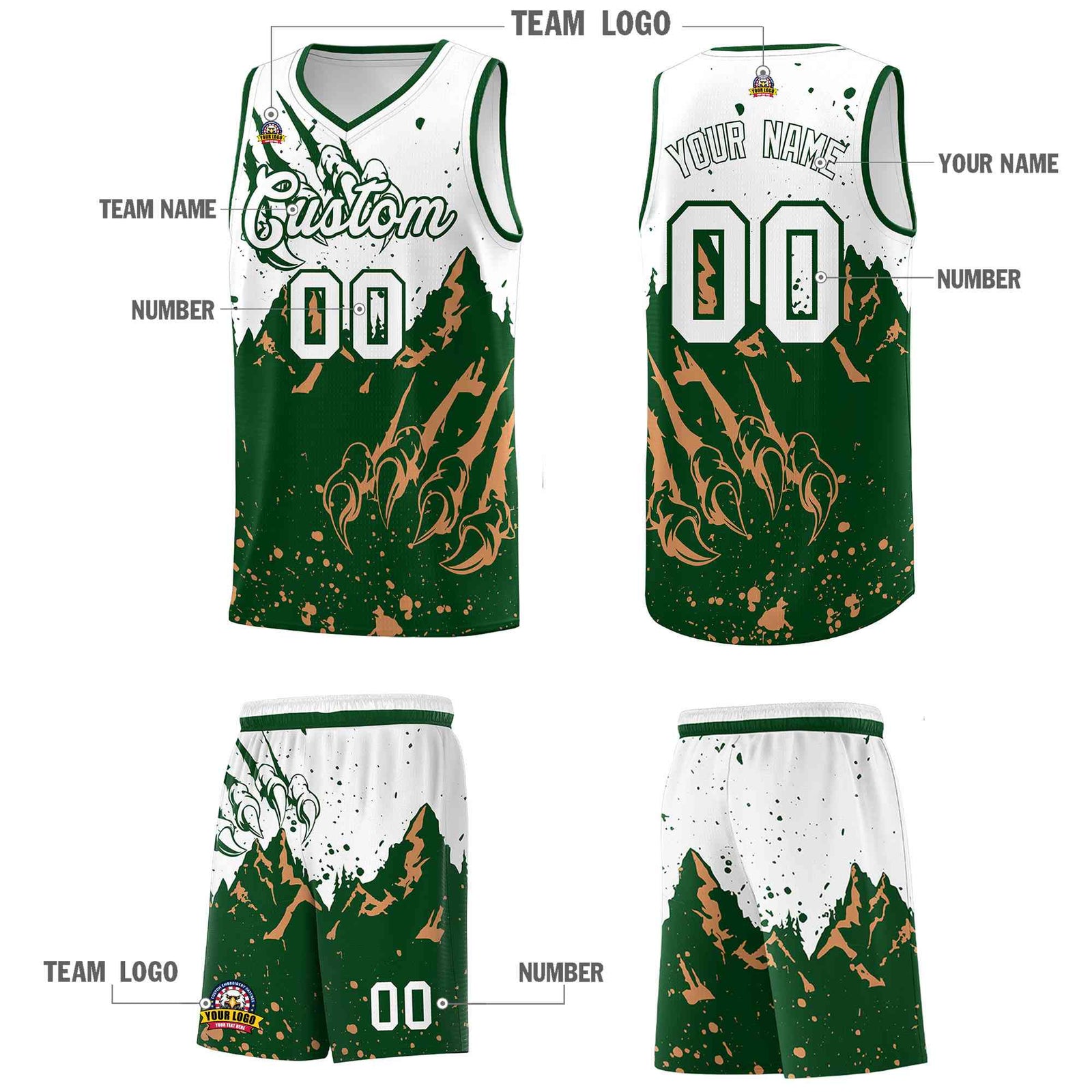 Custom White Green Snow Mountain Beast Pattern Sports Uniform Basketball Jersey