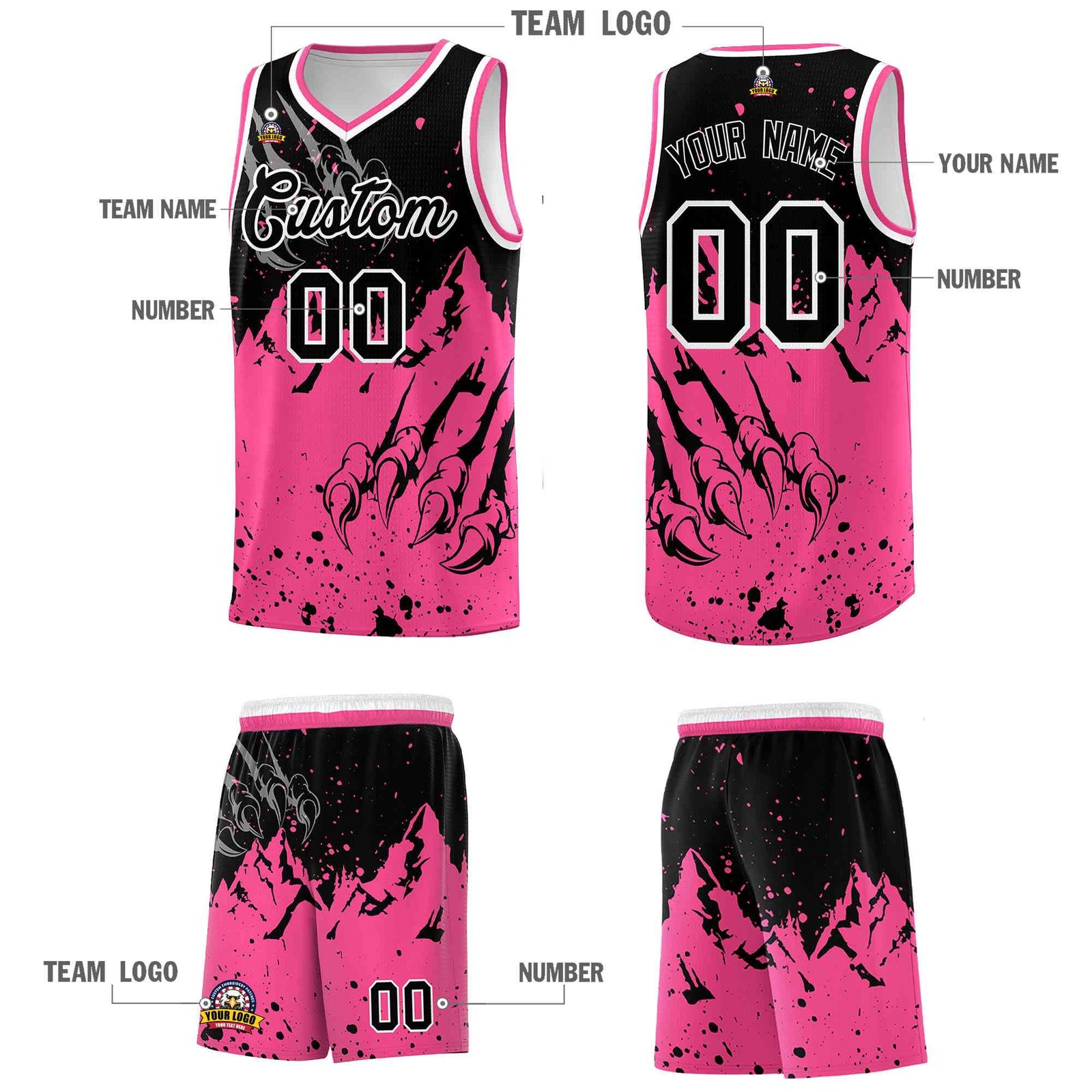 Custom Black Pink Snow Mountain Beast Pattern Sports Uniform Basketball Jersey