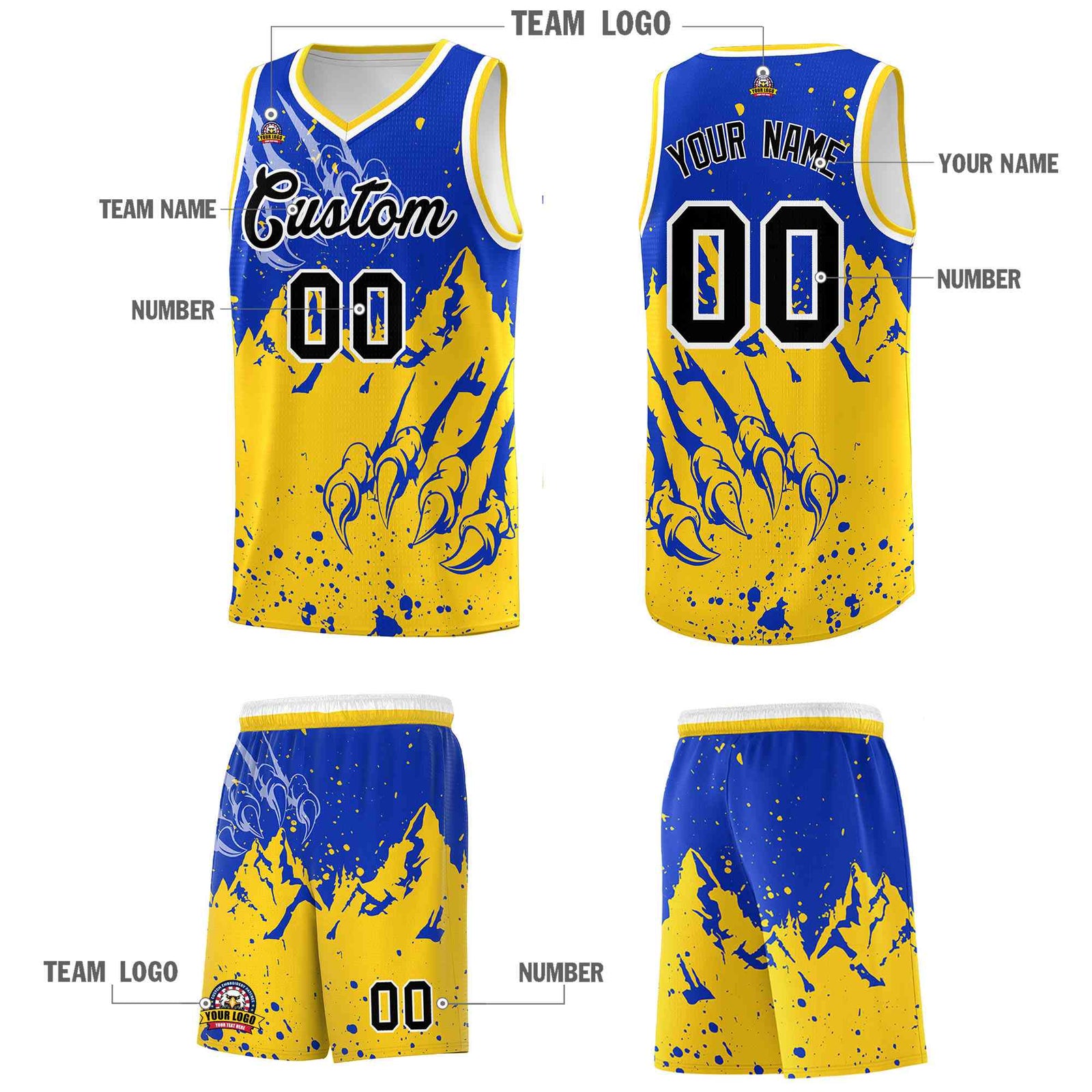 Custom Royal Gold Snow Mountain Beast Pattern Sports Uniform Basketball Jersey