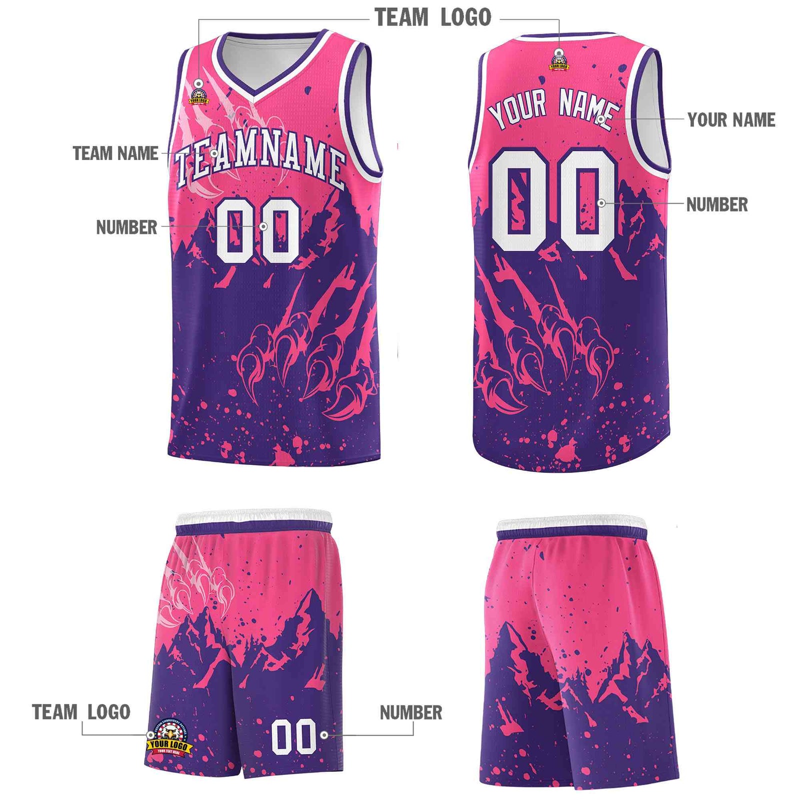 Custom Pink Purple Snow Mountain Beast Pattern Sports Uniform Basketball Jersey