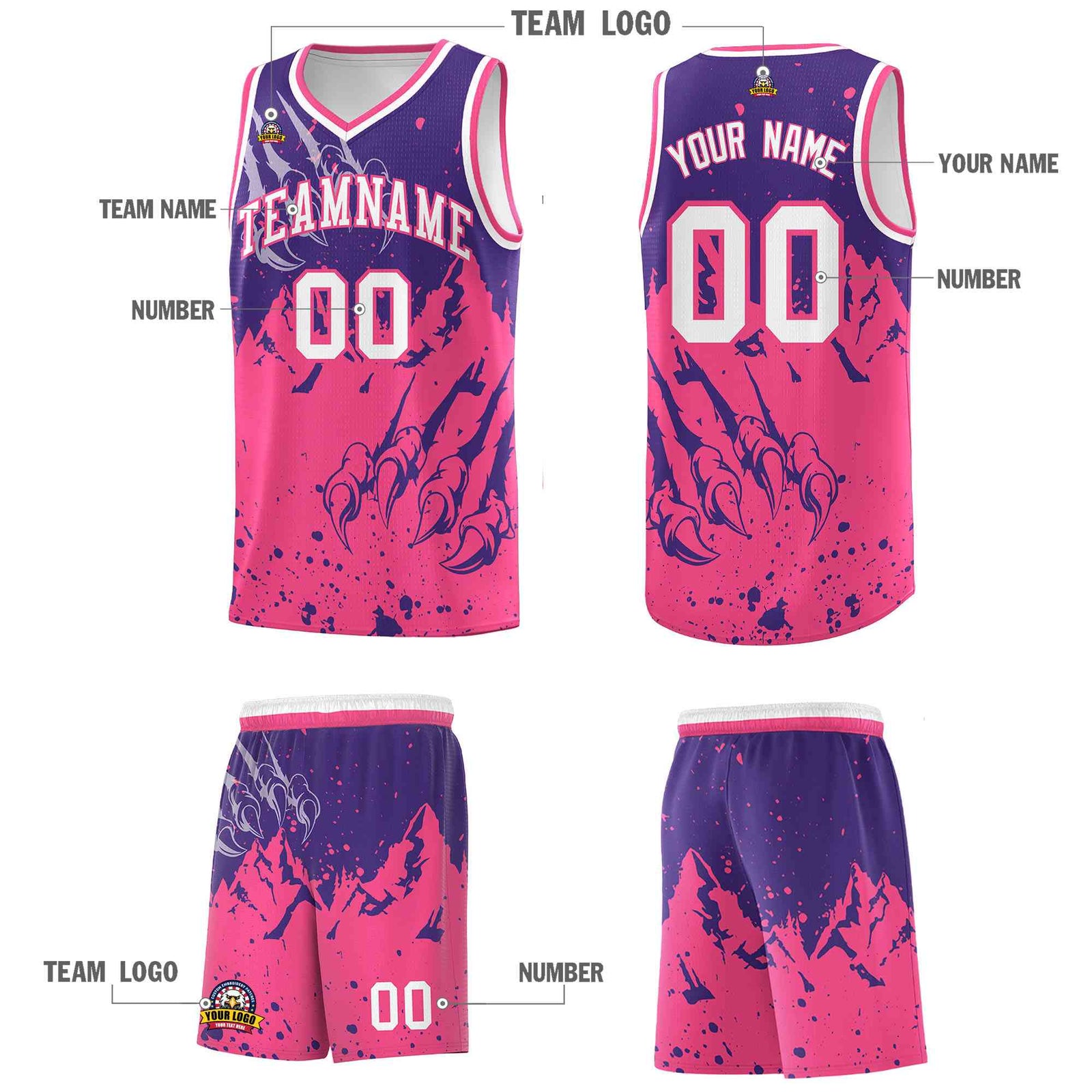 Custom Purple Pink Snow Mountain Beast Pattern Sports Uniform Basketball Jersey
