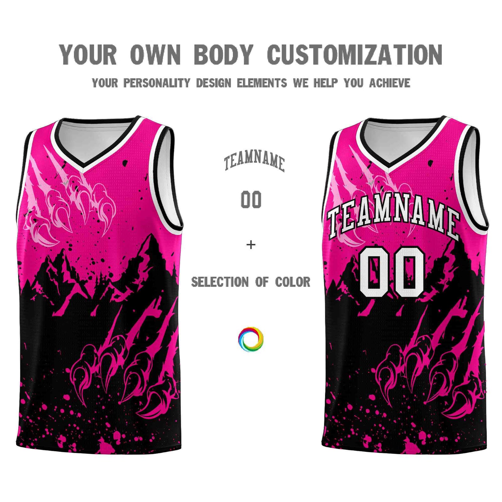 Custom Pink Black Snow Mountain Beast Pattern Sports Uniform Basketball Jersey