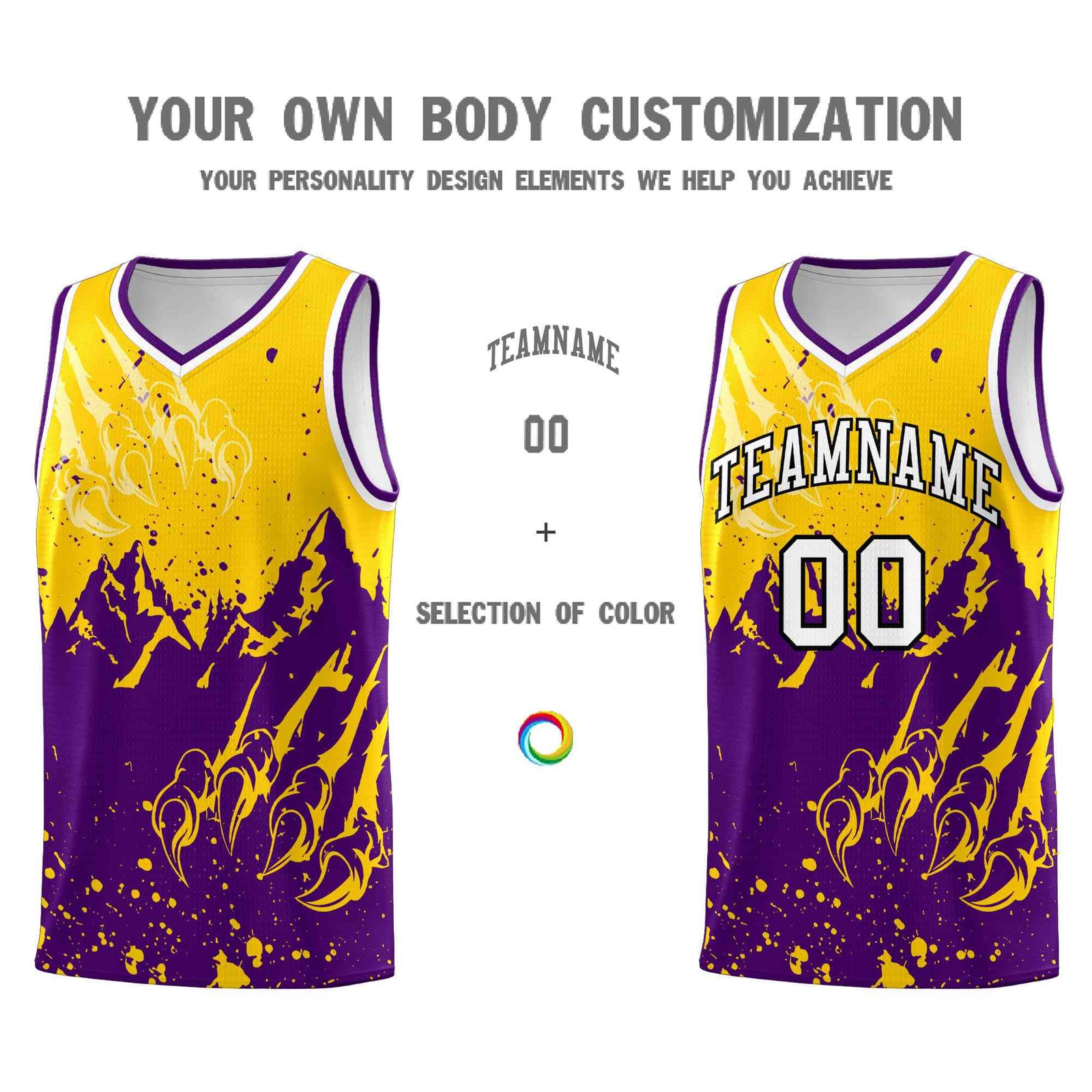 Custom Gold Purple Snow Mountain Beast Pattern Sports Uniform Basketball Jersey