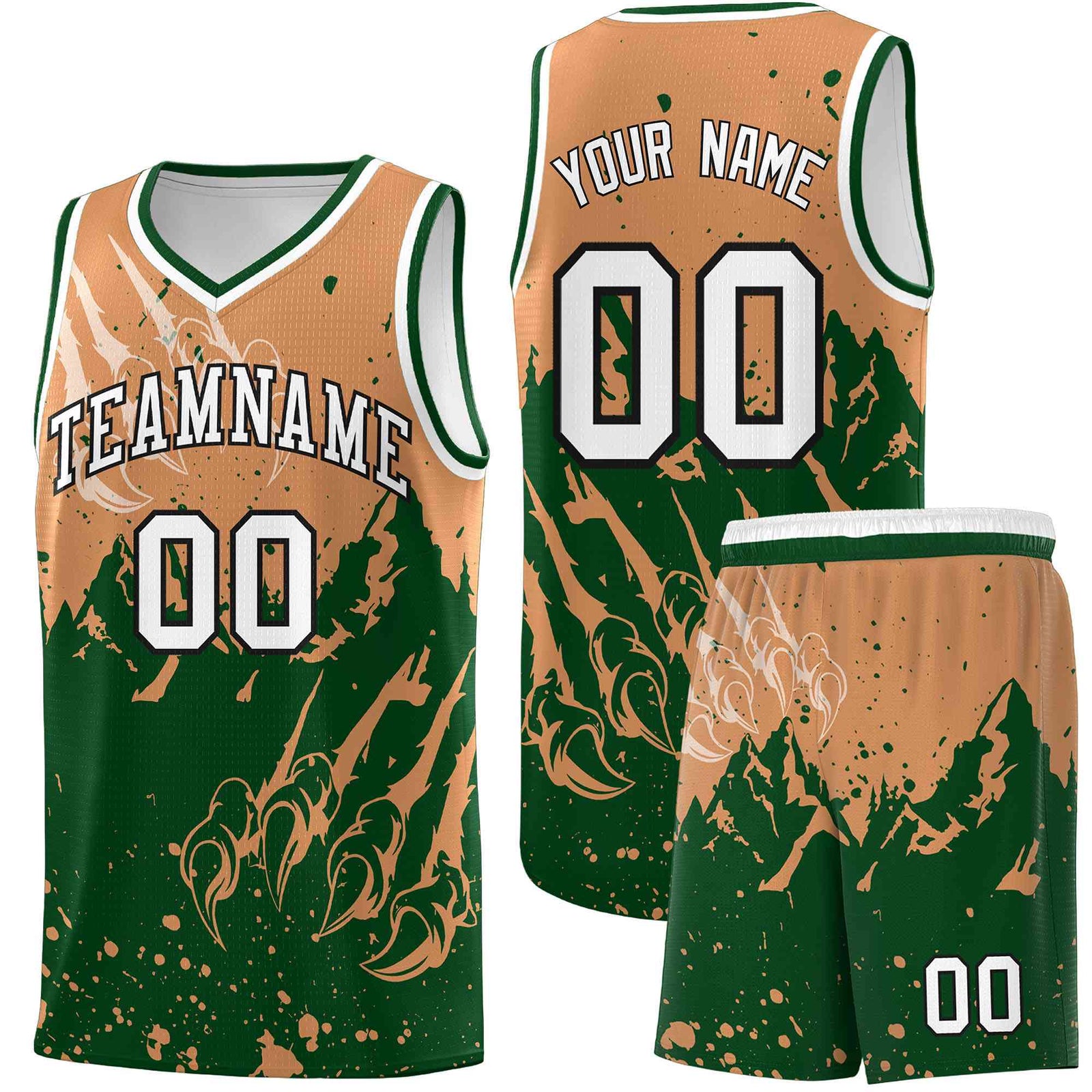 Custom Buckskin Brown Green Snow Mountain Beast Pattern Sports Uniform Basketball Jersey