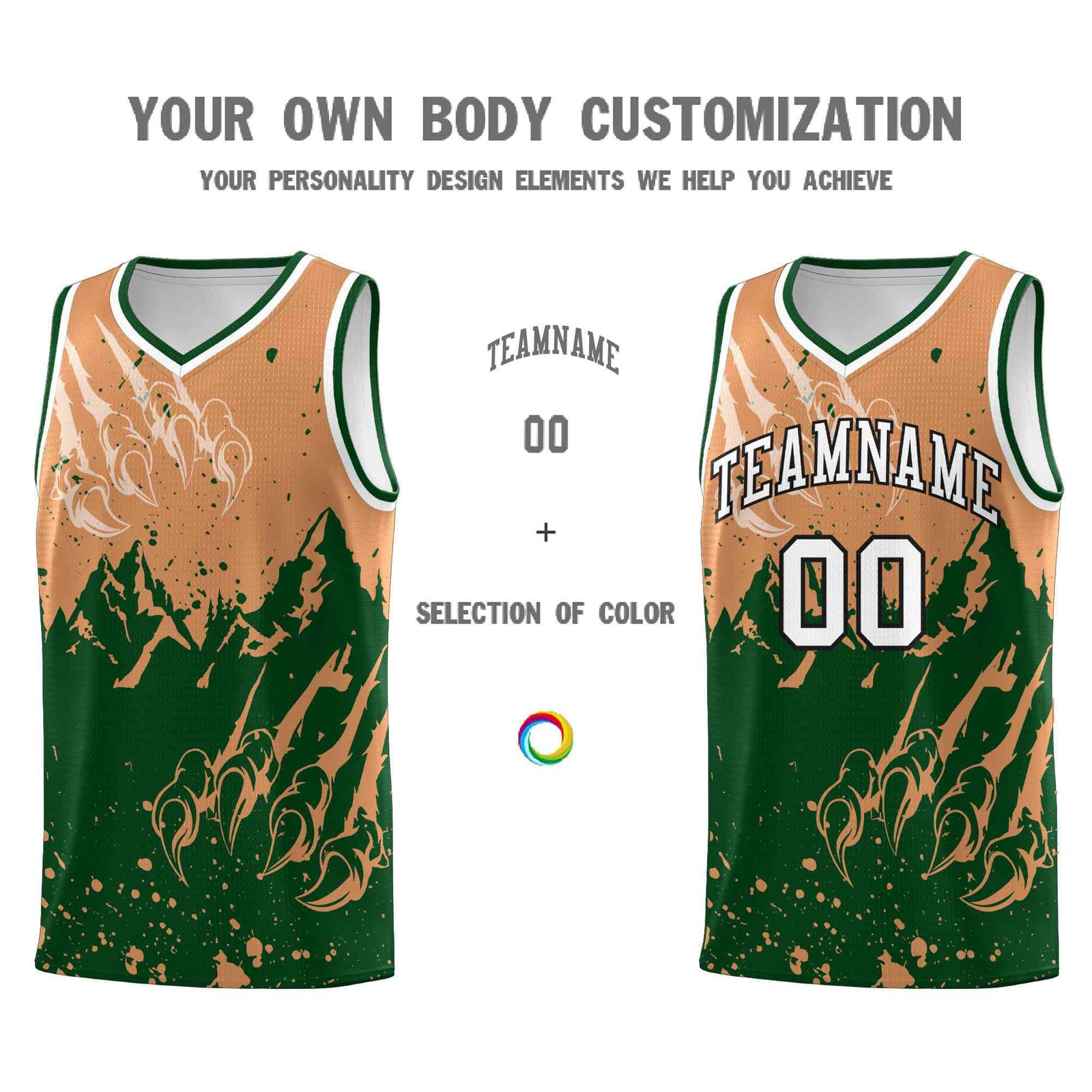 Custom Buckskin Brown Green Snow Mountain Beast Pattern Sports Uniform Basketball Jersey