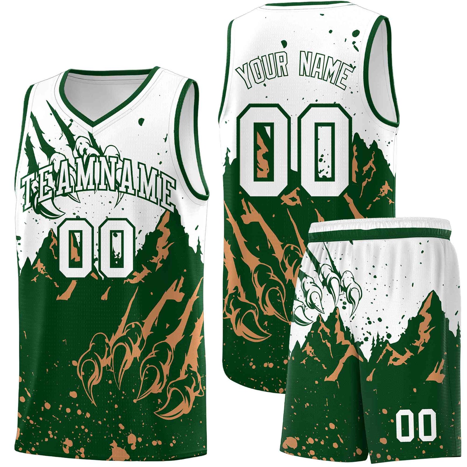 Custom White Green Snow Mountain Beast Pattern Sports Uniform Basketball Jersey