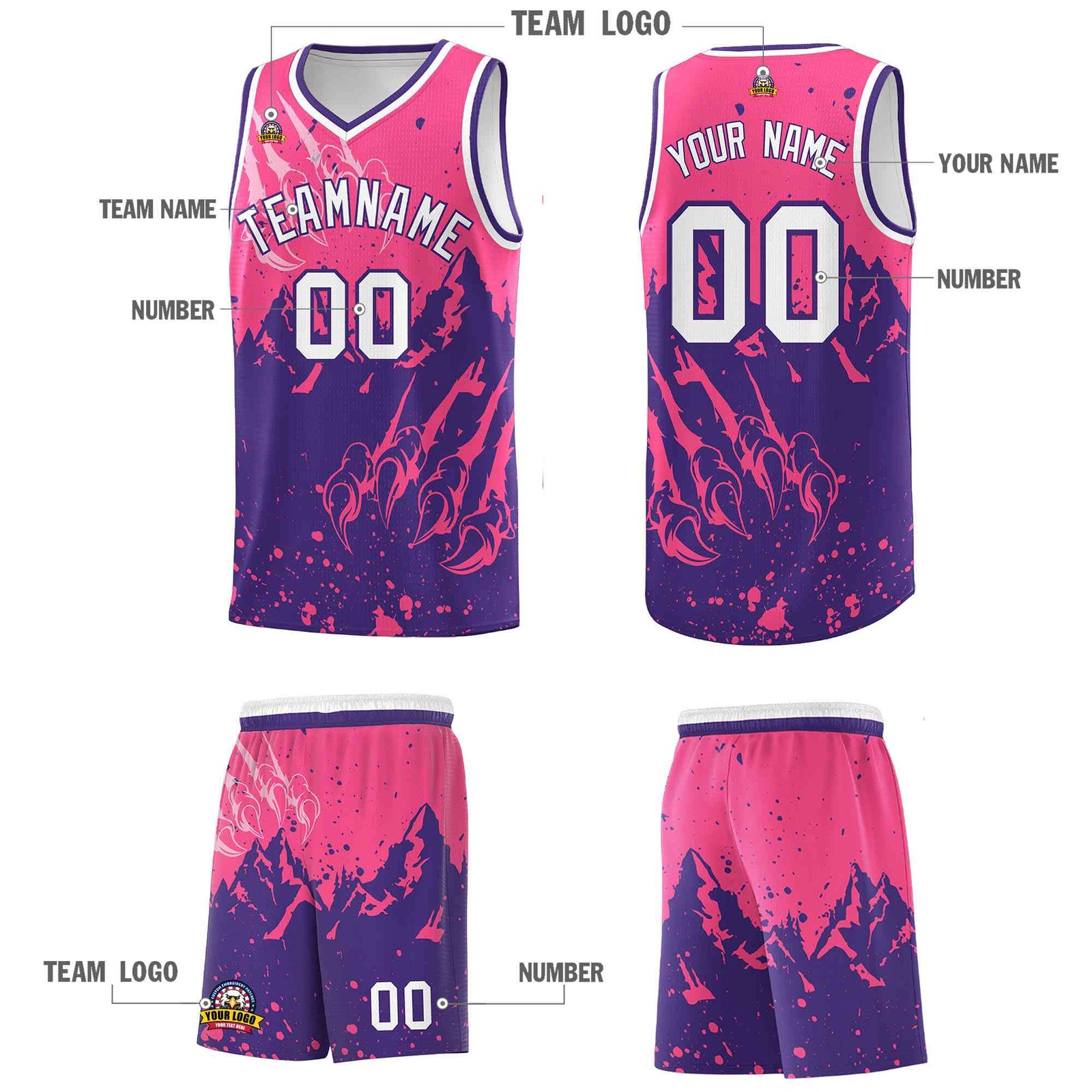 Custom Pink Purple Snow Mountain Beast Pattern Sports Uniform Basketball Jersey