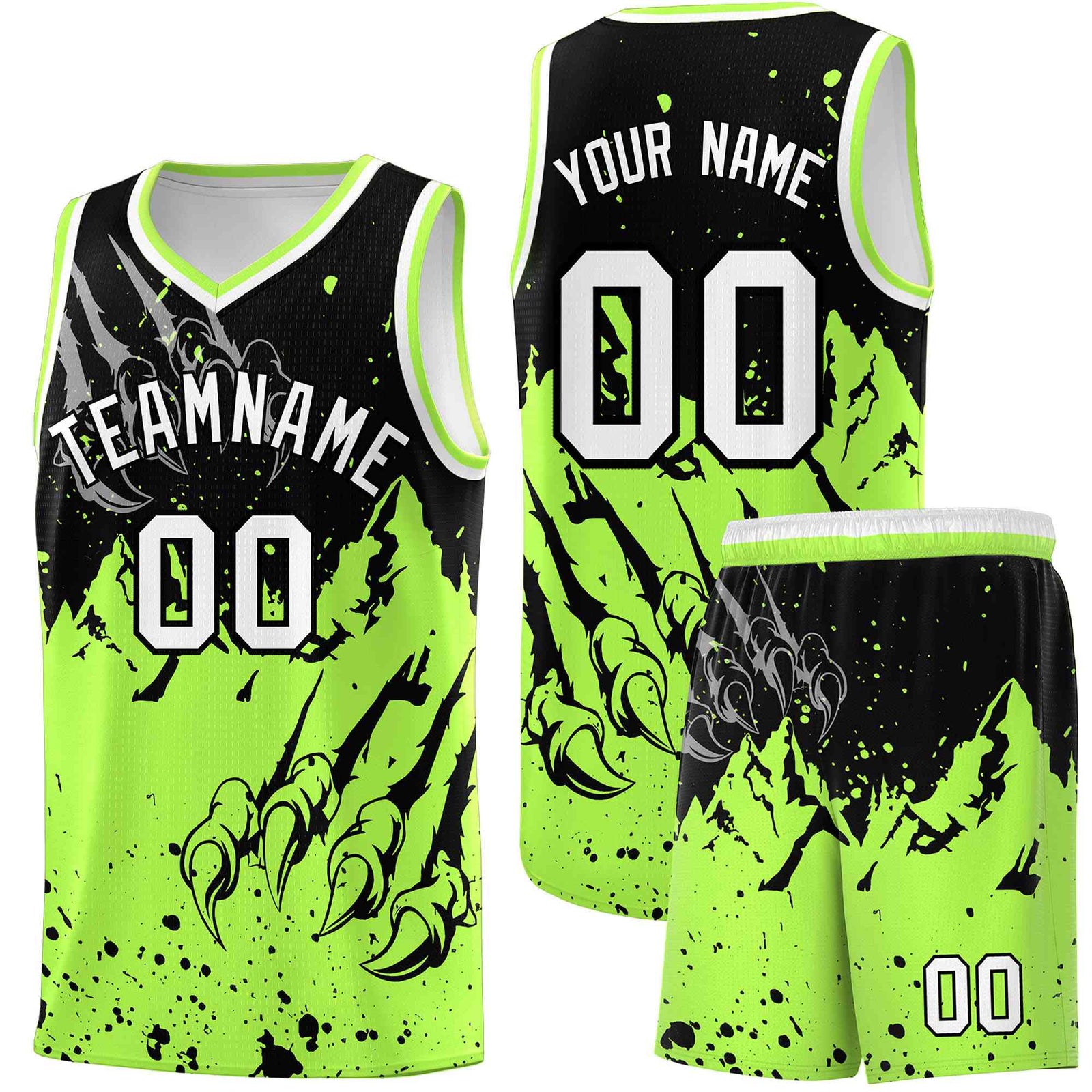 Custom Black Fluorescent Green Snow Mountain Beast Pattern Sports Uniform Basketball Jersey