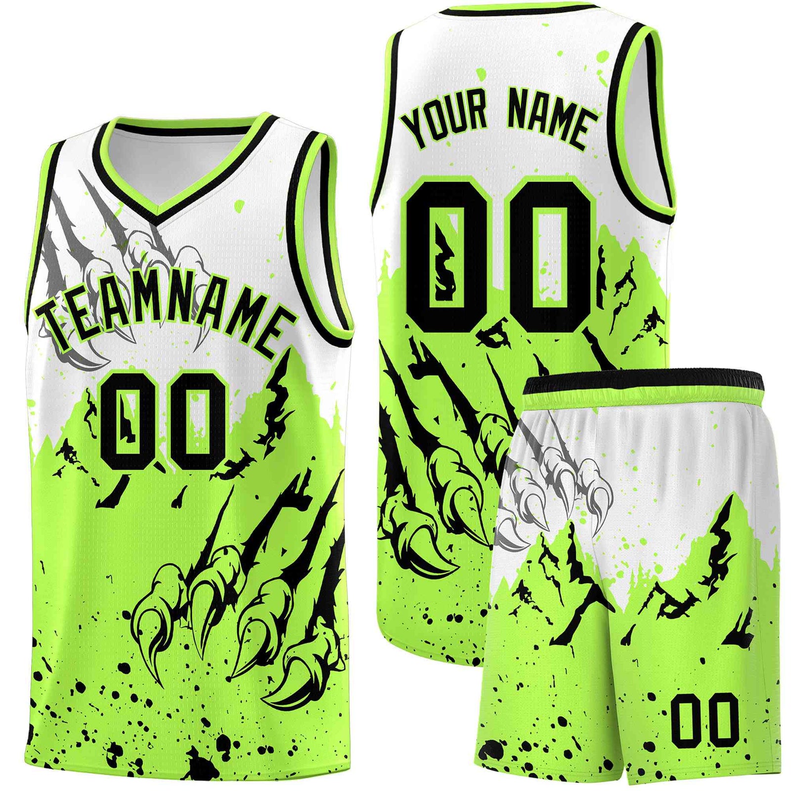 Custom White Fluorescent Green Snow Mountain Beast Pattern Sports Uniform Basketball Jersey