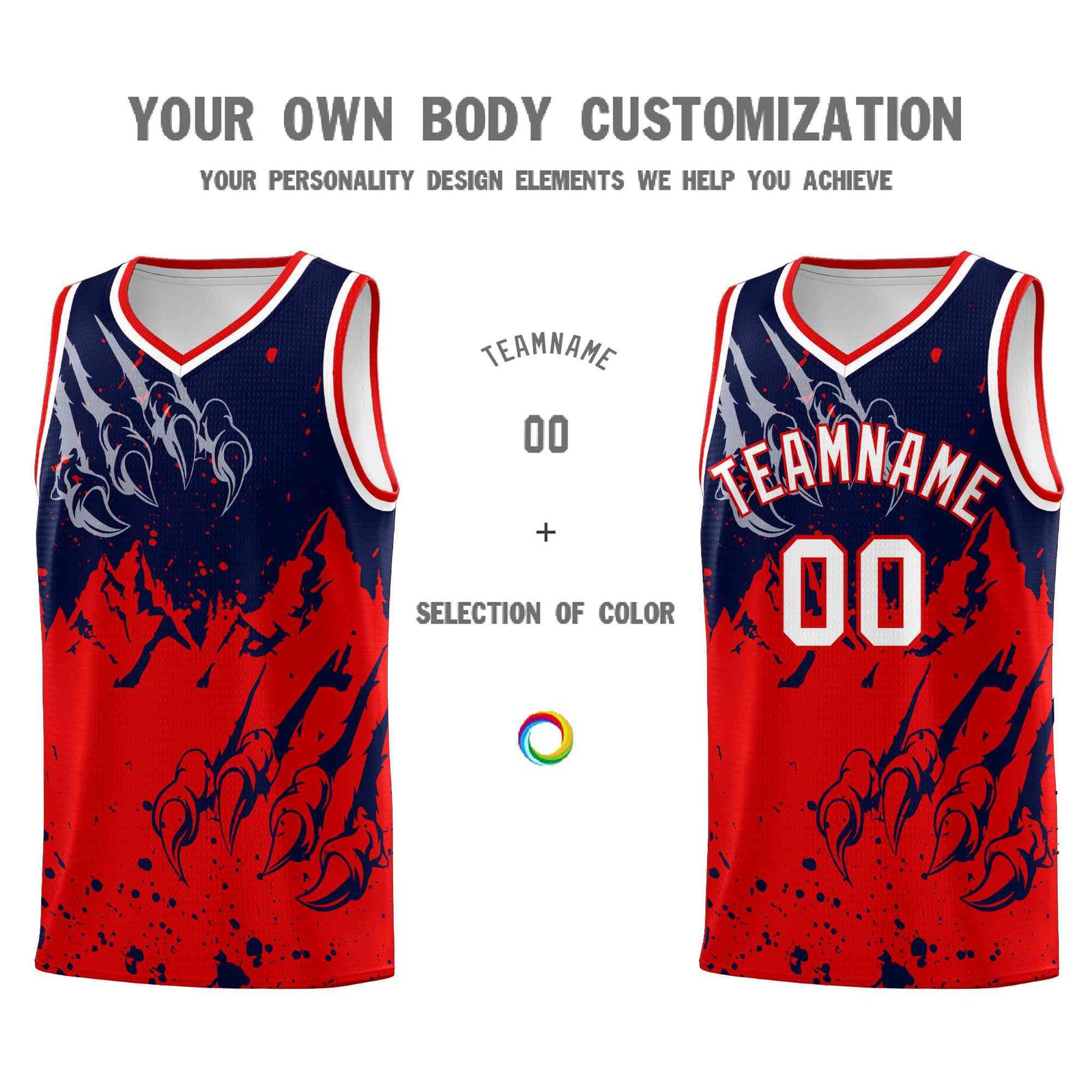 Custom Navy Red Snow Mountain Beast Pattern Sports Uniform Basketball Jersey