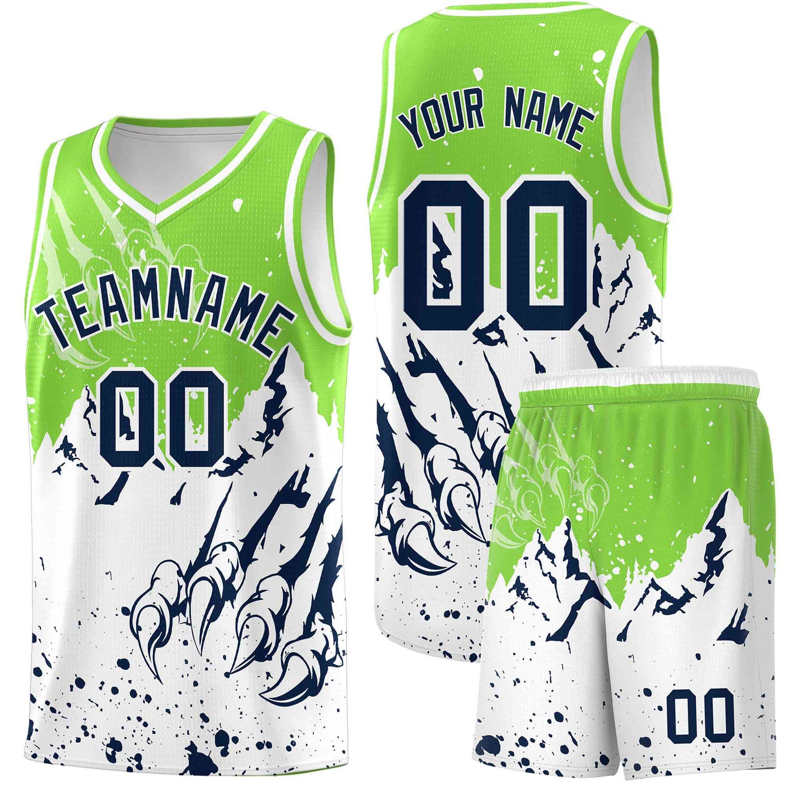 Custom Fluorescent Green White Snow Mountain Beast Pattern Sports Uniform Basketball Jersey