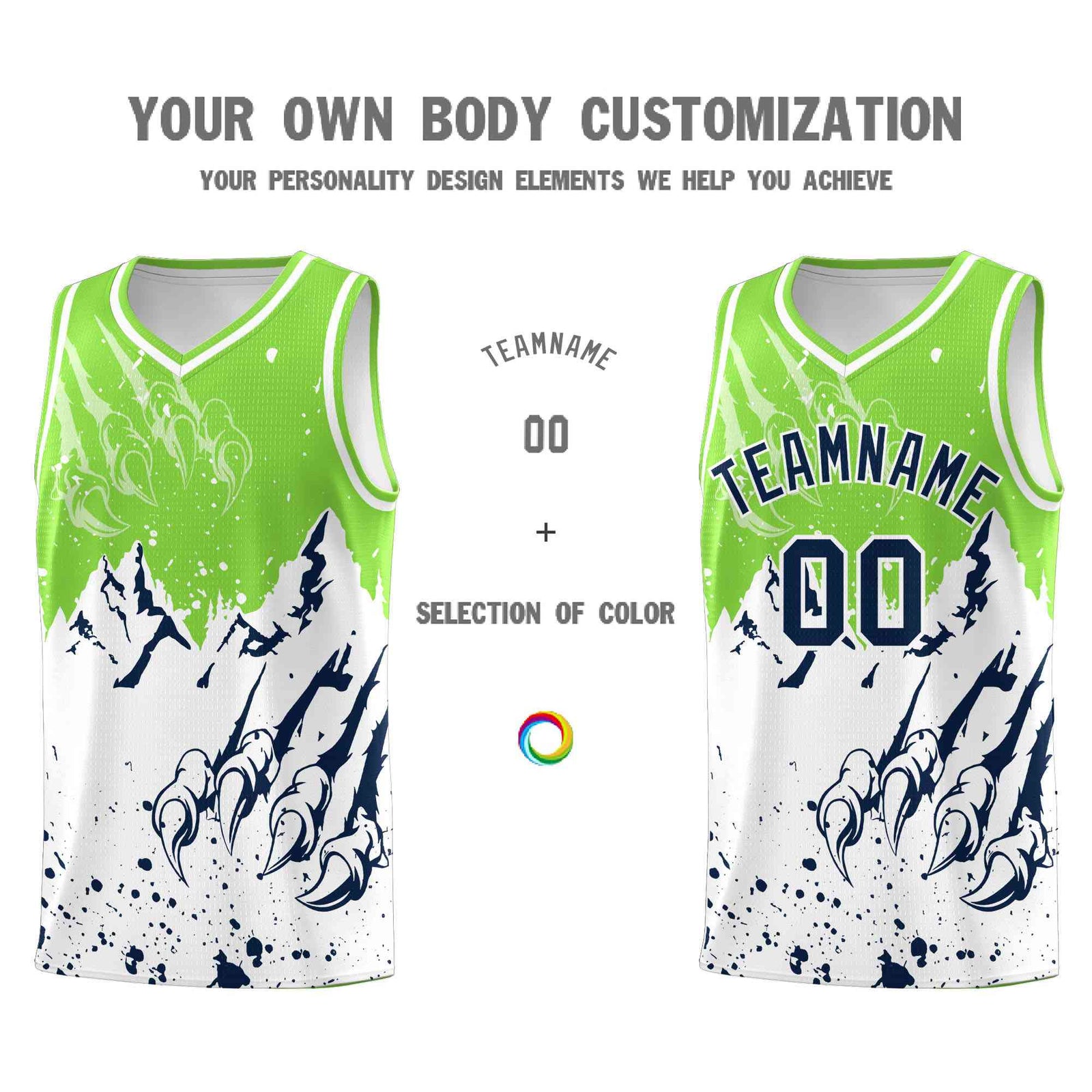 Custom Fluorescent Green White Snow Mountain Beast Pattern Sports Uniform Basketball Jersey