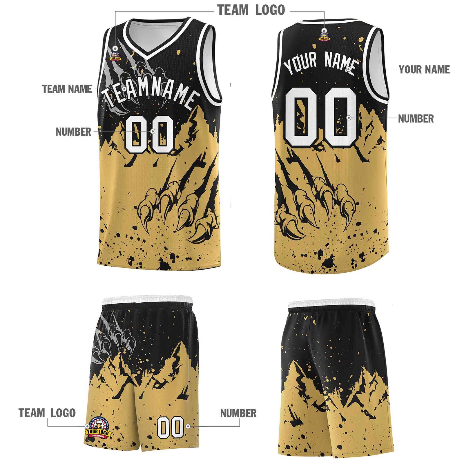 Custom Black Old Gold Snow Mountain Beast Pattern Sports Uniform Basketball Jersey
