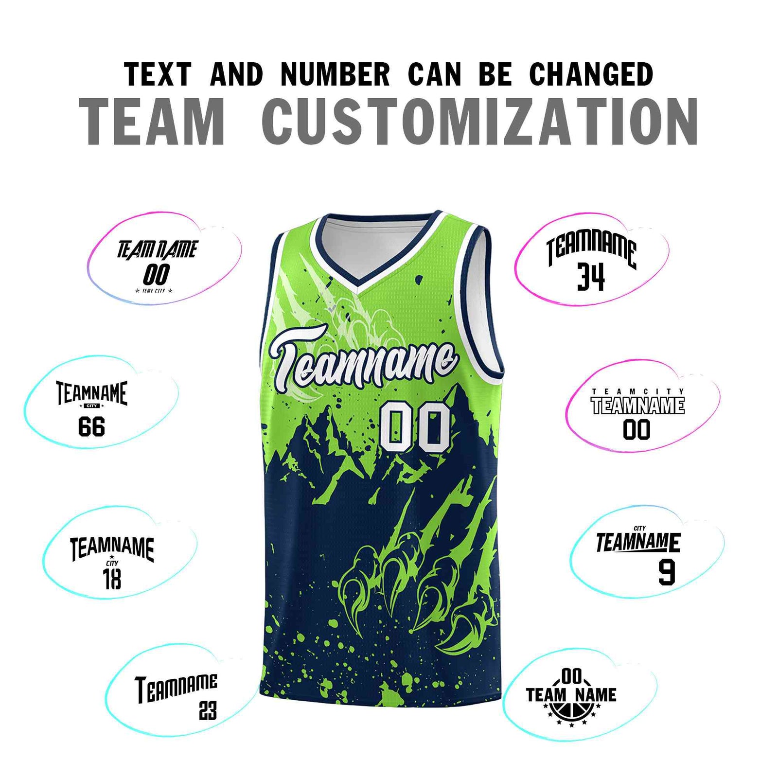Custom Fluorescent Green Navy Snow Mountain Beast Pattern Sports Uniform Basketball Jersey