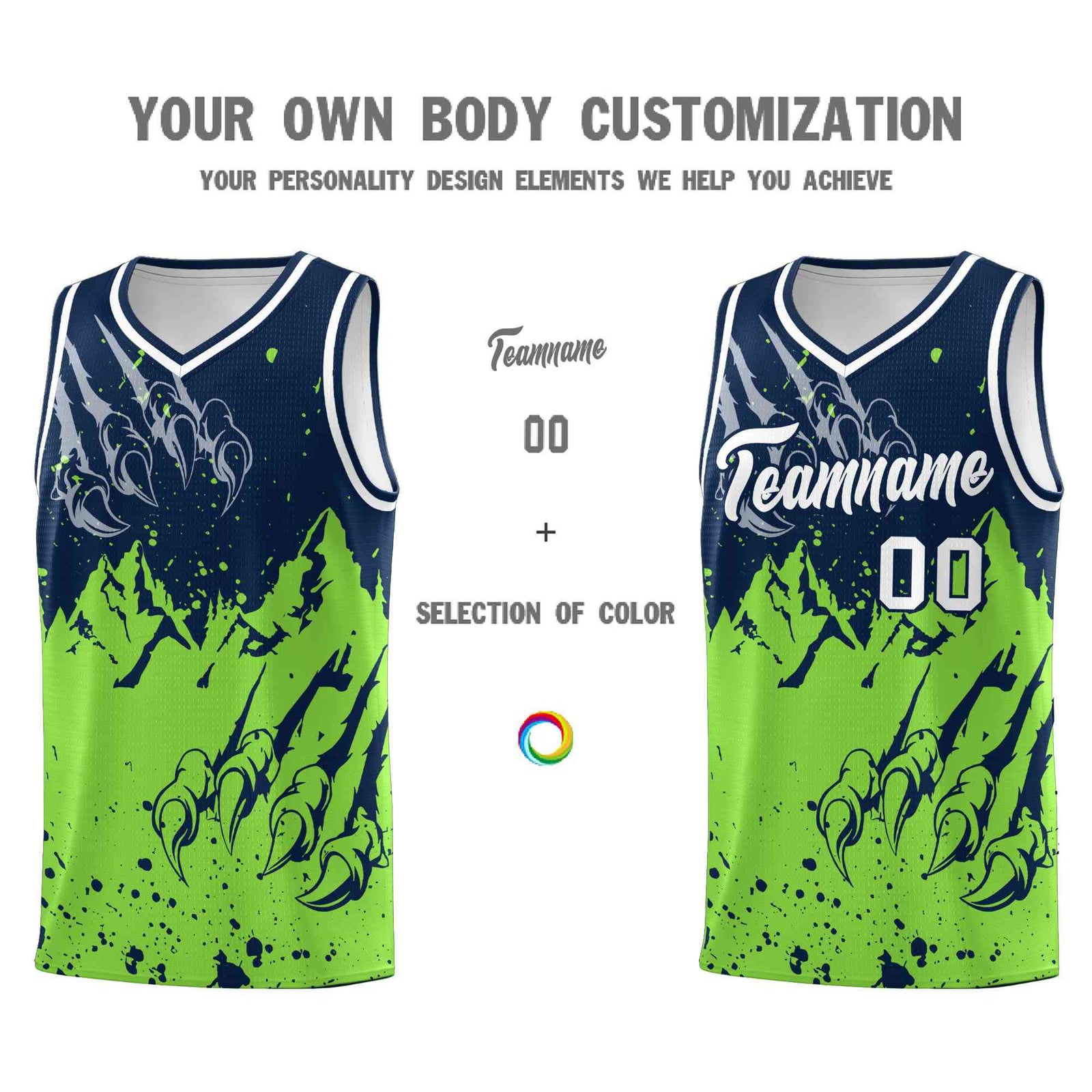 Custom Navy Fluorescent Green Snow Mountain Beast Pattern Sports Uniform Basketball Jersey