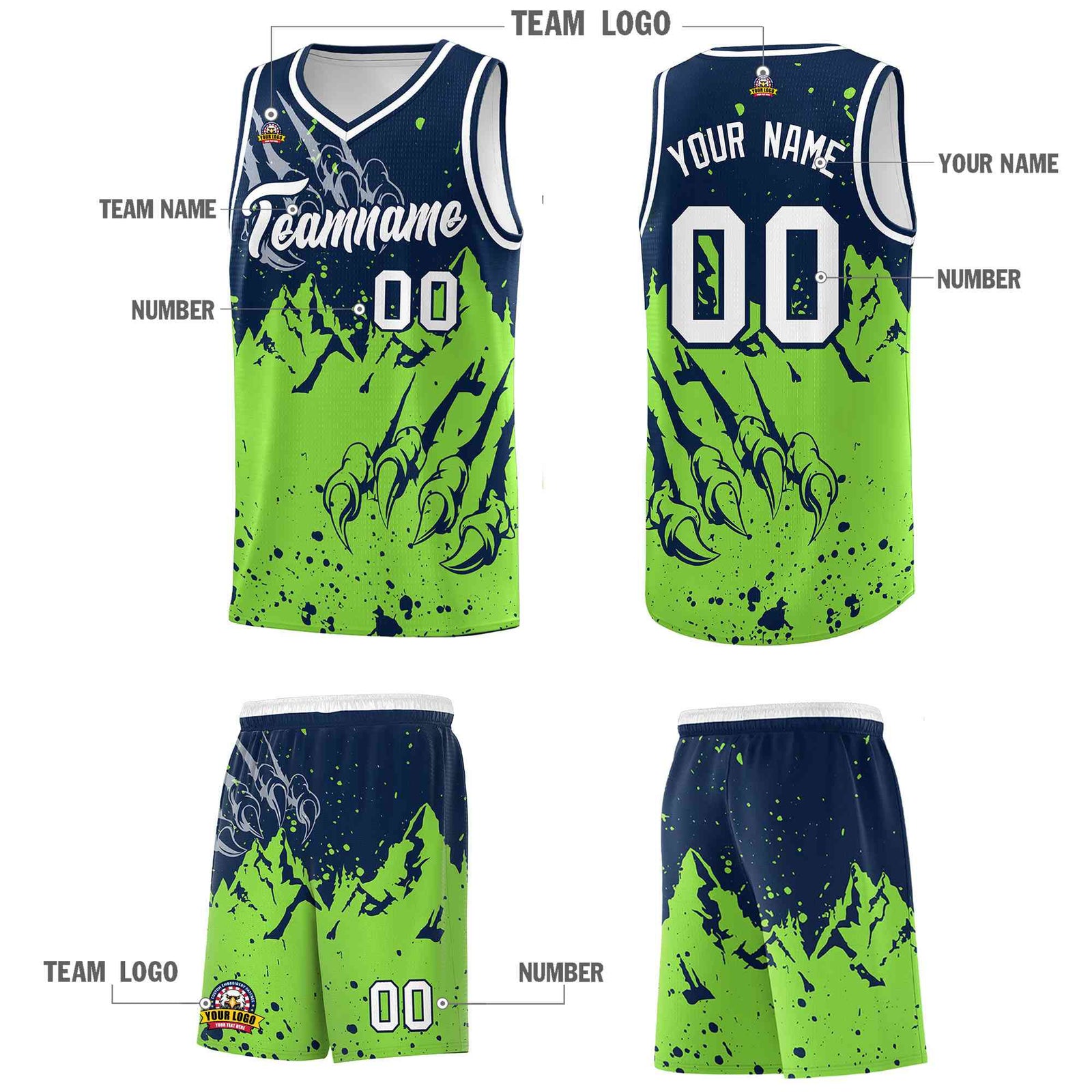 Custom Navy Fluorescent Green Snow Mountain Beast Pattern Sports Uniform Basketball Jersey