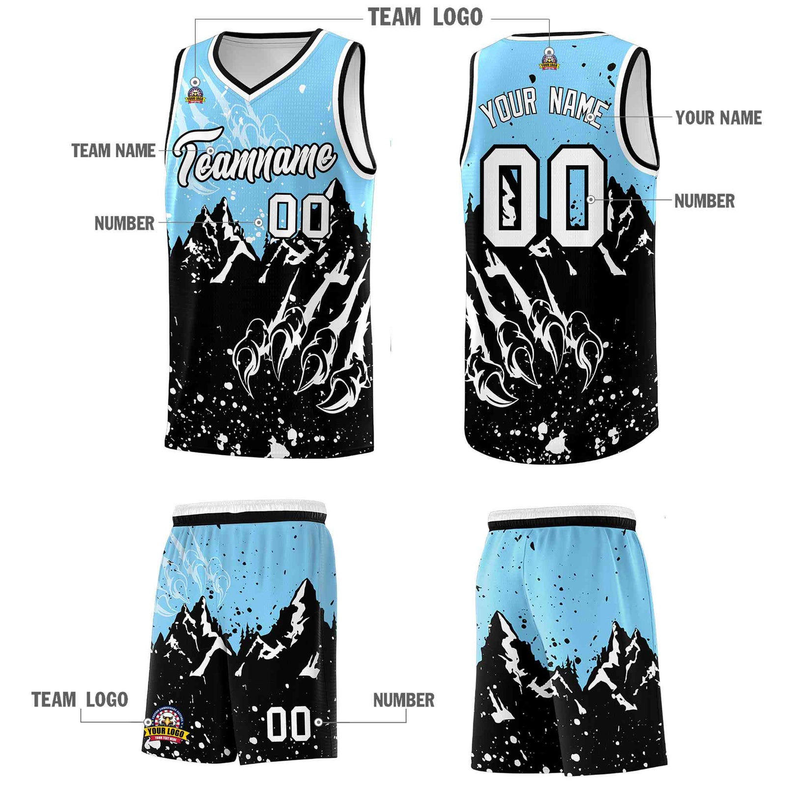 Custom Light Blue Black Snow Mountain Beast Pattern Sports Uniform Basketball Jersey