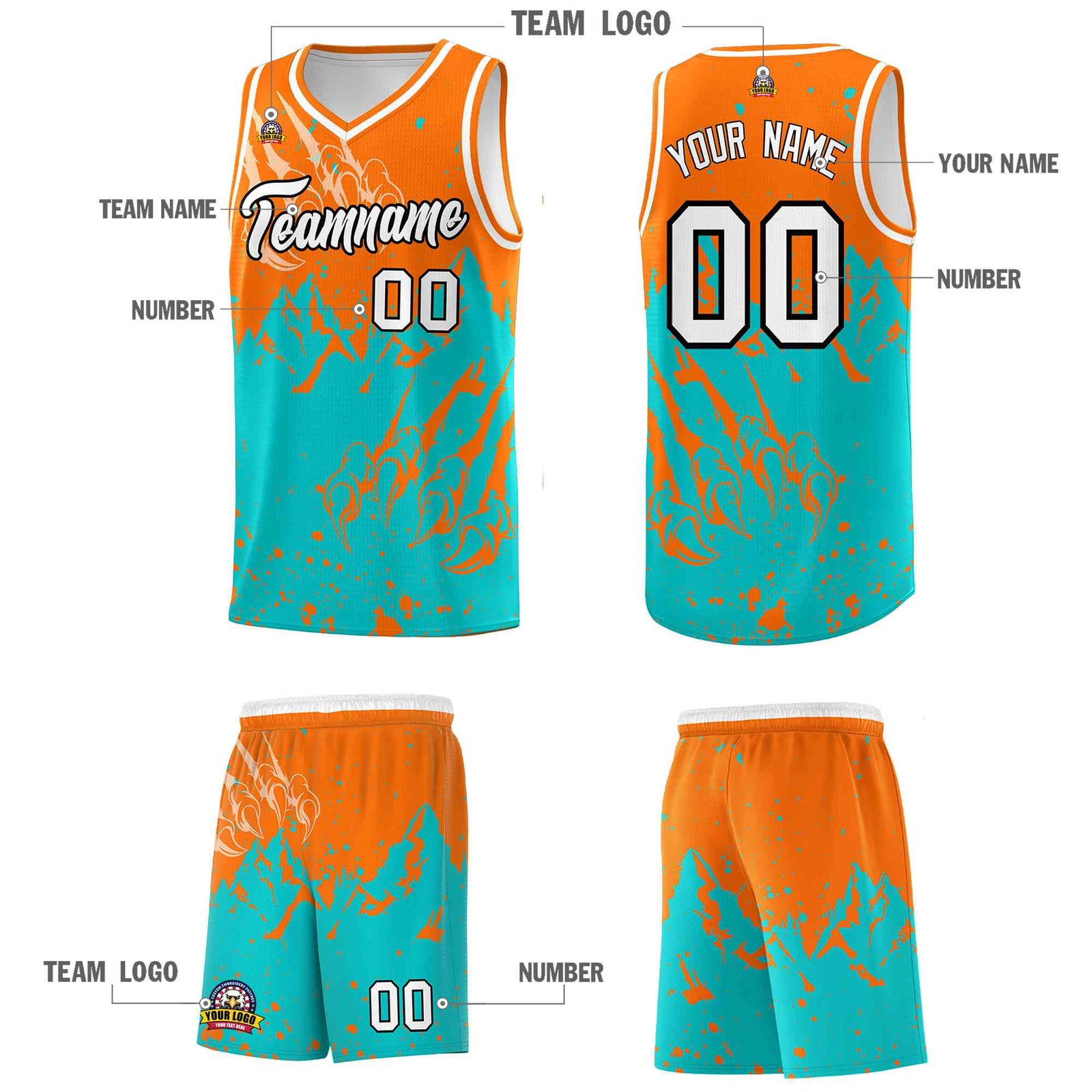 Custom Orange Aqua Snow Mountain Beast Pattern Sports Uniform Basketball Jersey