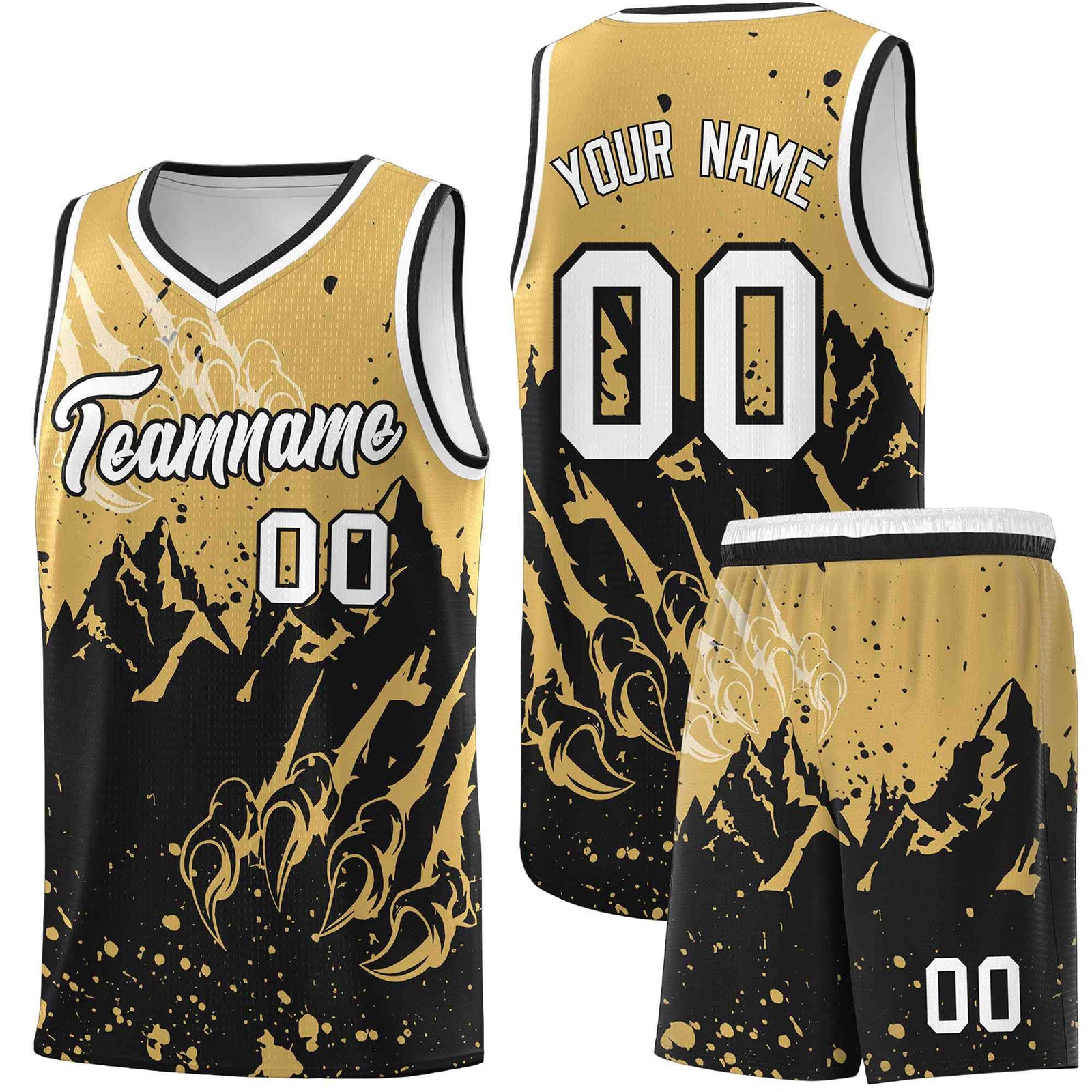Custom Old Gold Black Snow Mountain Beast Pattern Sports Uniform Basketball Jersey