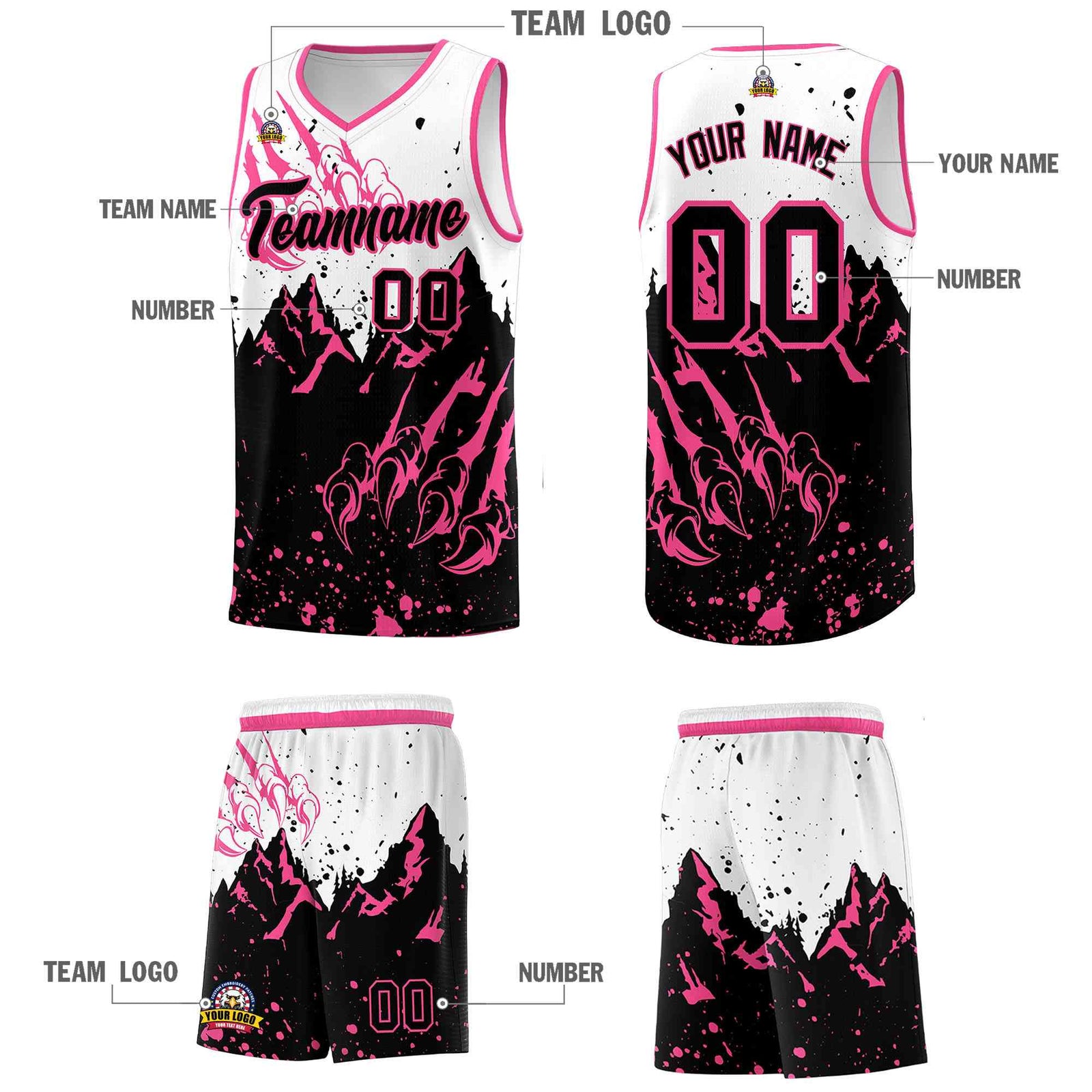 Custom White Pink Snow Mountain Beast Pattern Sports Uniform Basketball Jersey