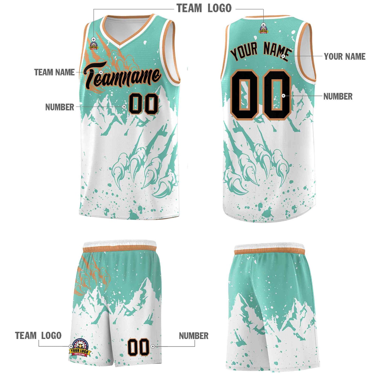 Custom Bright Green White Snow Mountain Beast Pattern Sports Uniform Basketball Jersey